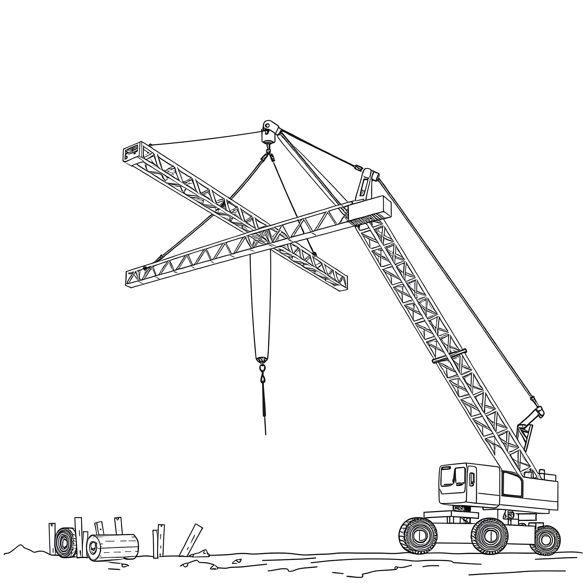 Crane lifting heavy equipment on construction site Coloring Page (free black-and-white line drawing printable PDF for all, from beginners to advanced learners, including children, teens, adults, and seniors)