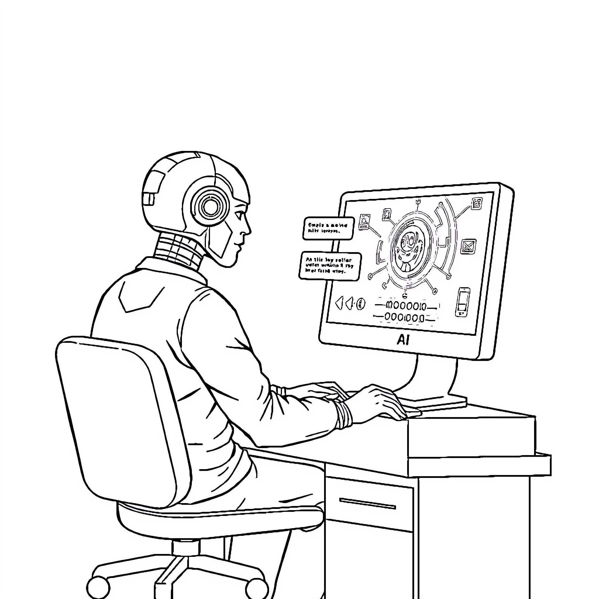 Human using advanced computer technology Coloring Page (free black-and-white line drawing printable PDF for all, from beginners to advanced learners, including children, teens, adults, and seniors)