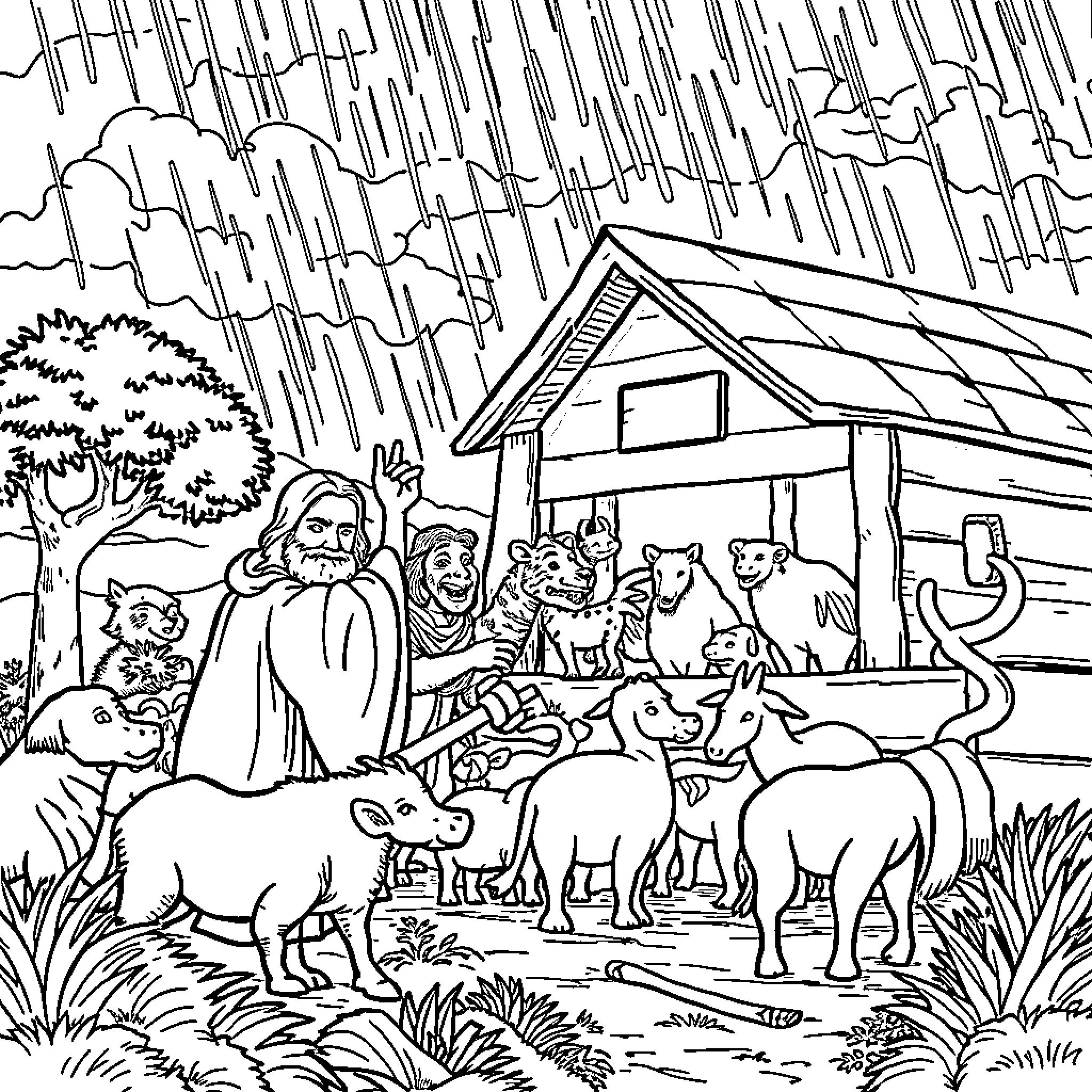 Noah Sheltering Animals from Heavy Rainfall Coloring Page (free black-and-white line drawing printable PDF for all, from beginners to advanced learners, including children, teens, adults, and seniors)