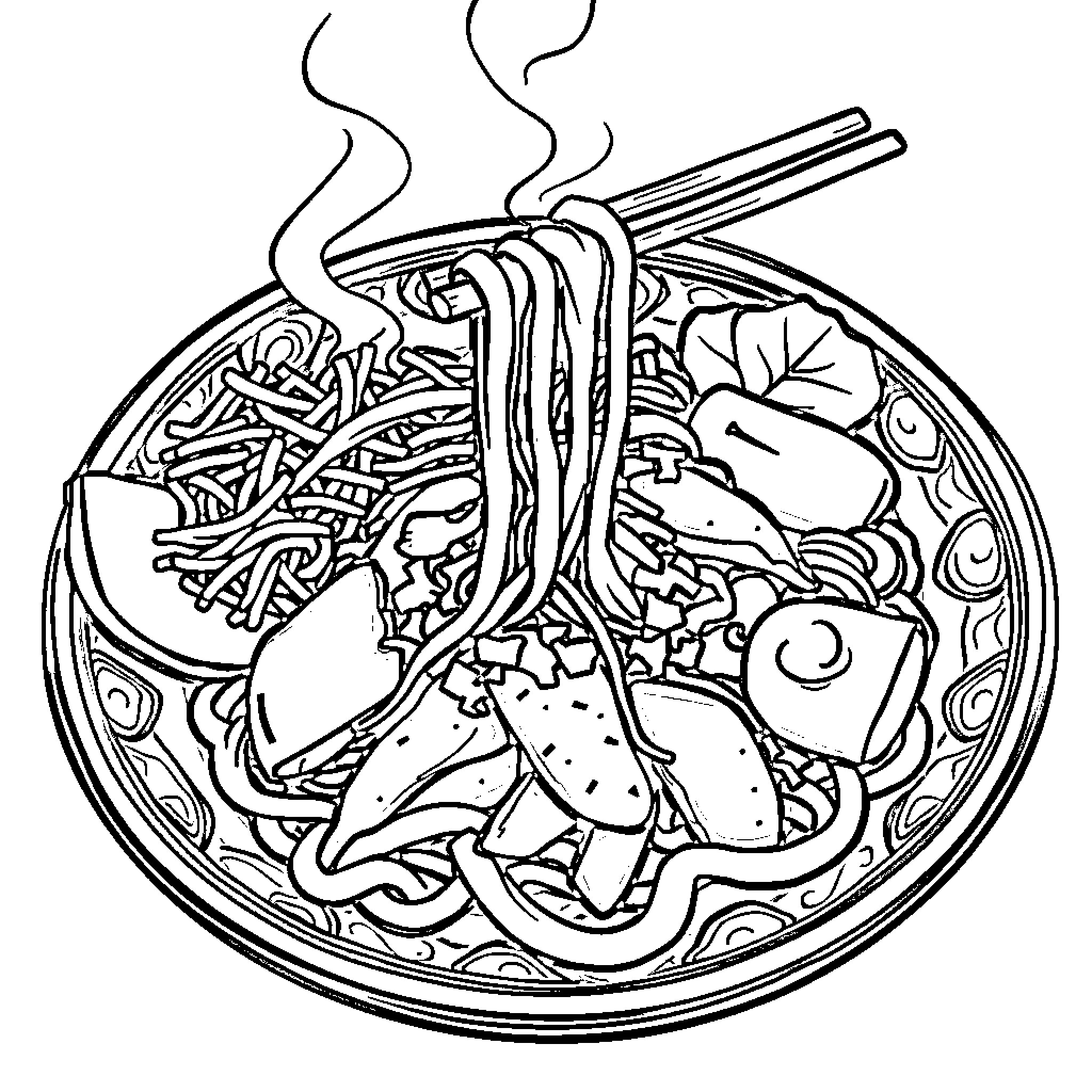 Soma of Aromatic Noodle Dish Coloring Page (free black-and-white line drawing printable PDF for all, from beginners to advanced learners, including children, teens, adults, and seniors)