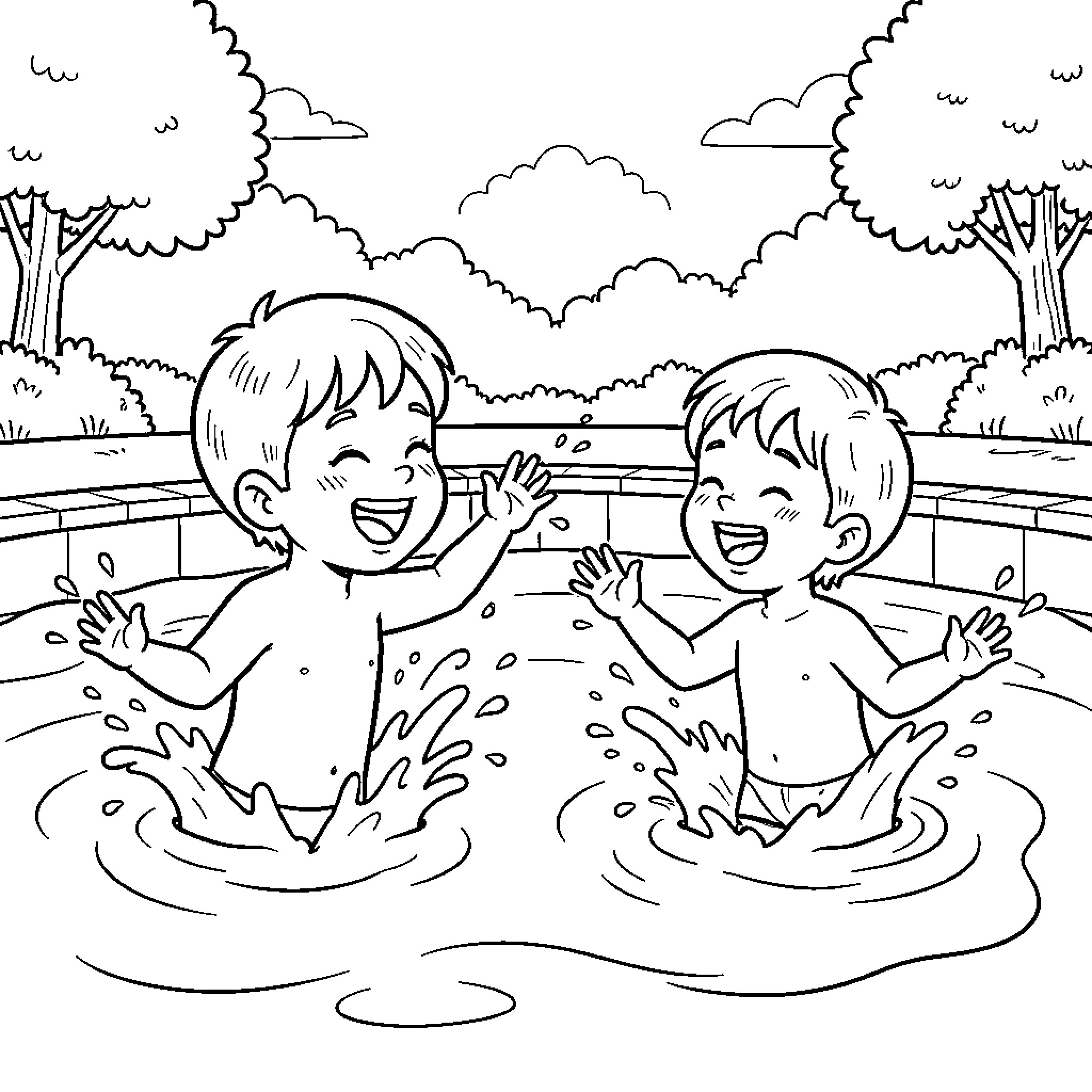 Kid splashing joyfully in a swimming pool Coloring Page (free black-and-white line drawing printable PDF for all, from beginners to advanced learners, including children, teens, adults, and seniors)