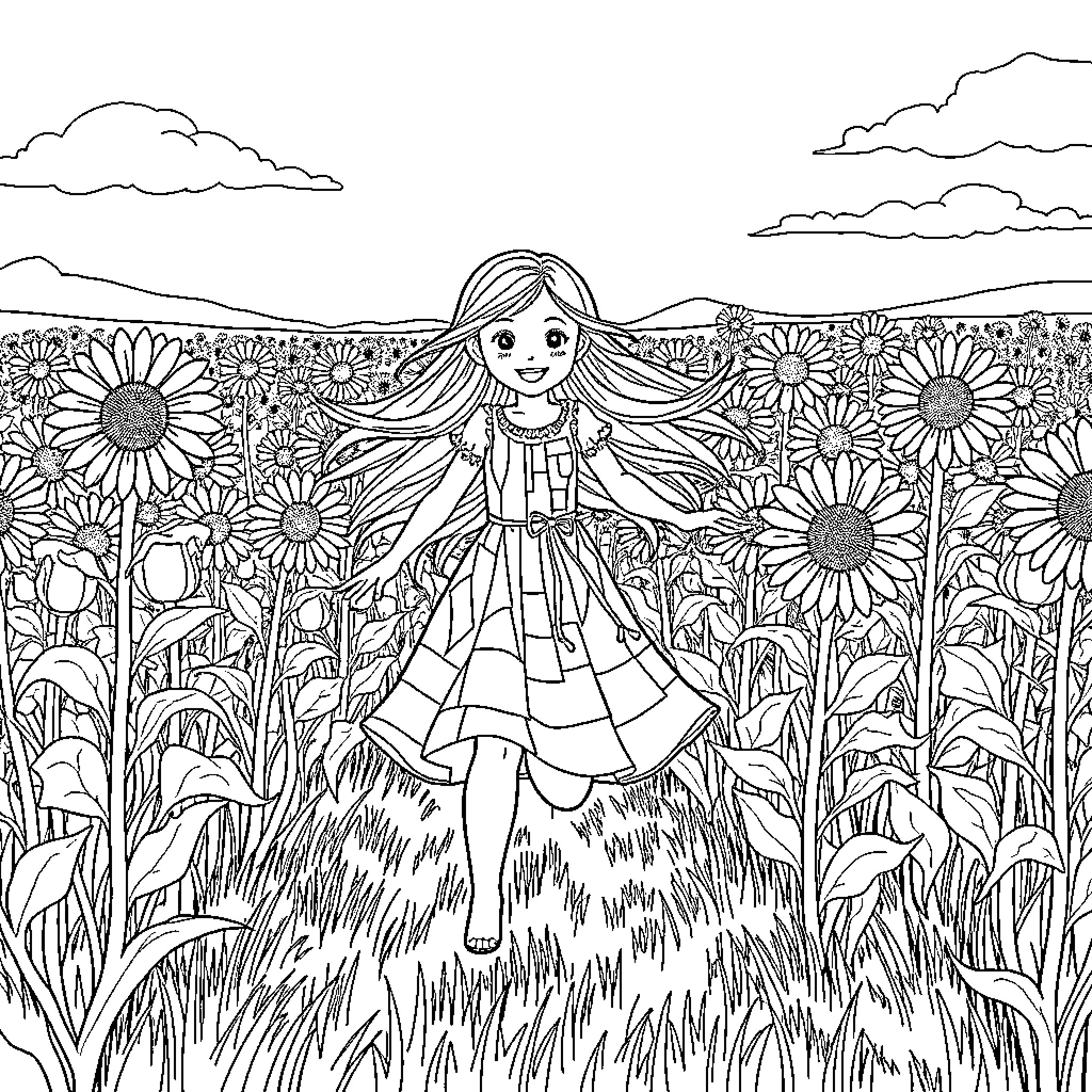 Girl exploring sunflower field with joy Coloring Page (free black-and-white line drawing printable PDF for all, from beginners to advanced learners, including children, teens, adults, and seniors)