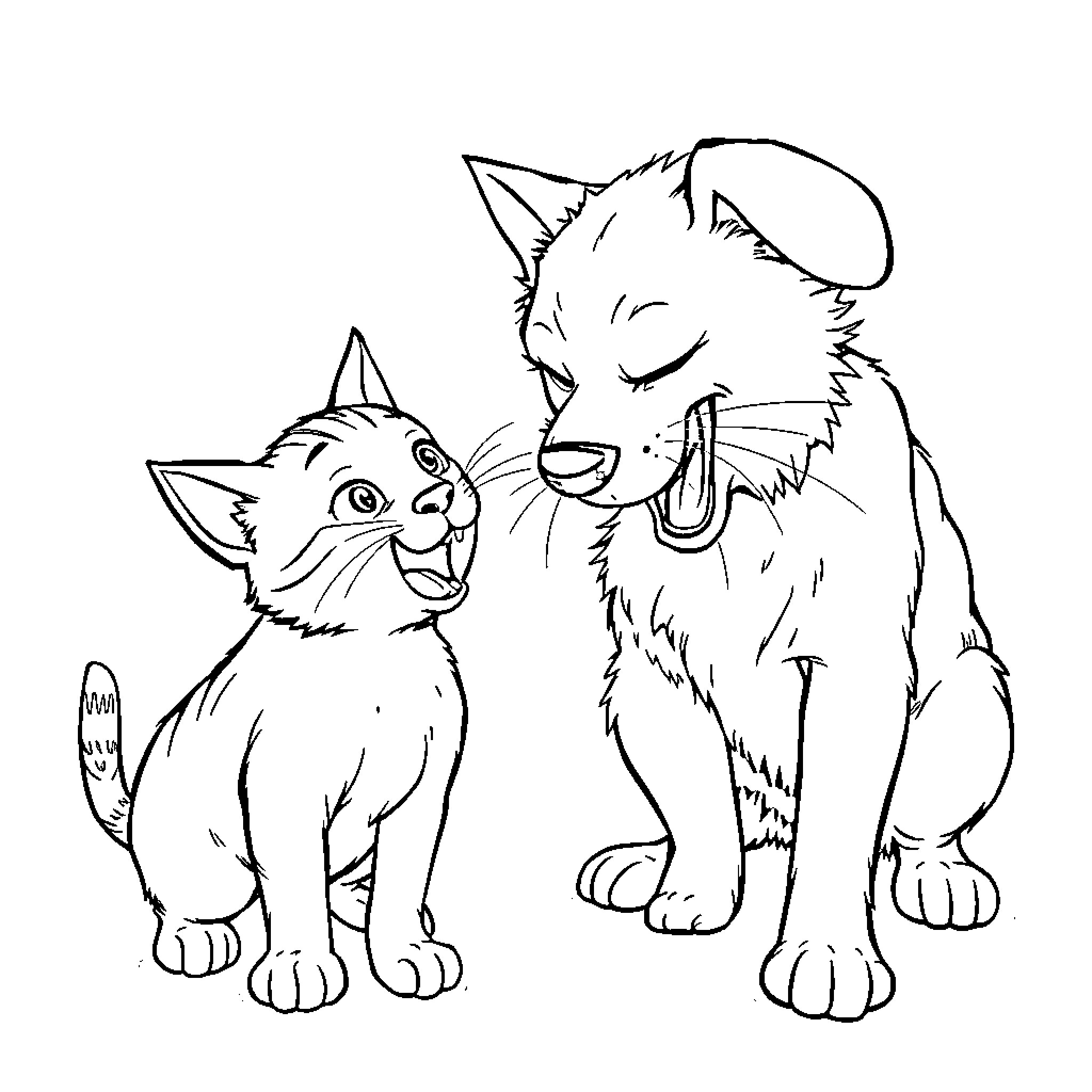 Cats in Playful Interaction Coloring Page (free black-and-white line drawing printable PDF for all, from beginners to advanced learners, including children, teens, adults, and seniors)