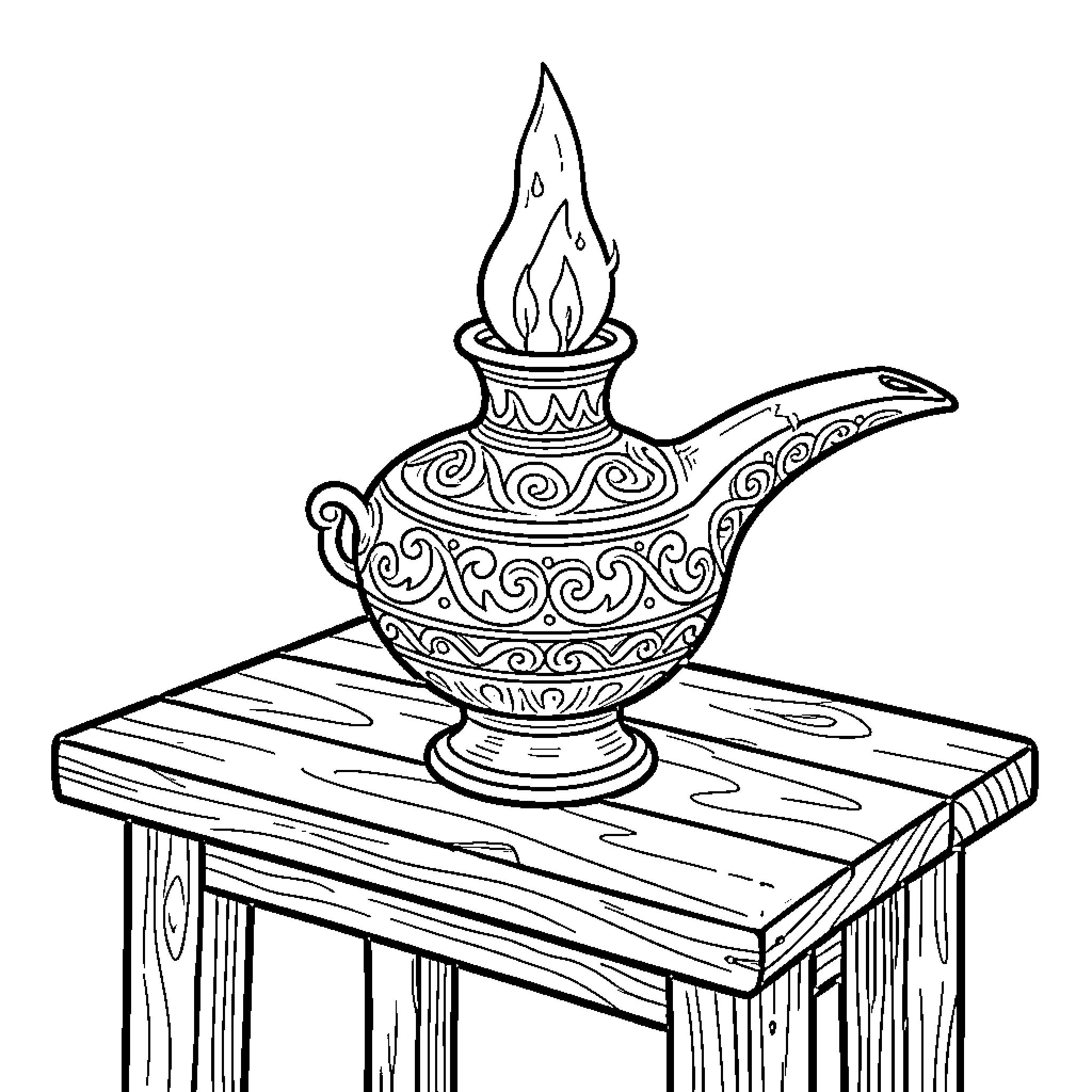 Oil Lamp burning brightly on a wooden stool Coloring Page (free black-and-white line drawing printable PDF for all, from beginners to advanced learners, including children, teens, adults, and seniors)