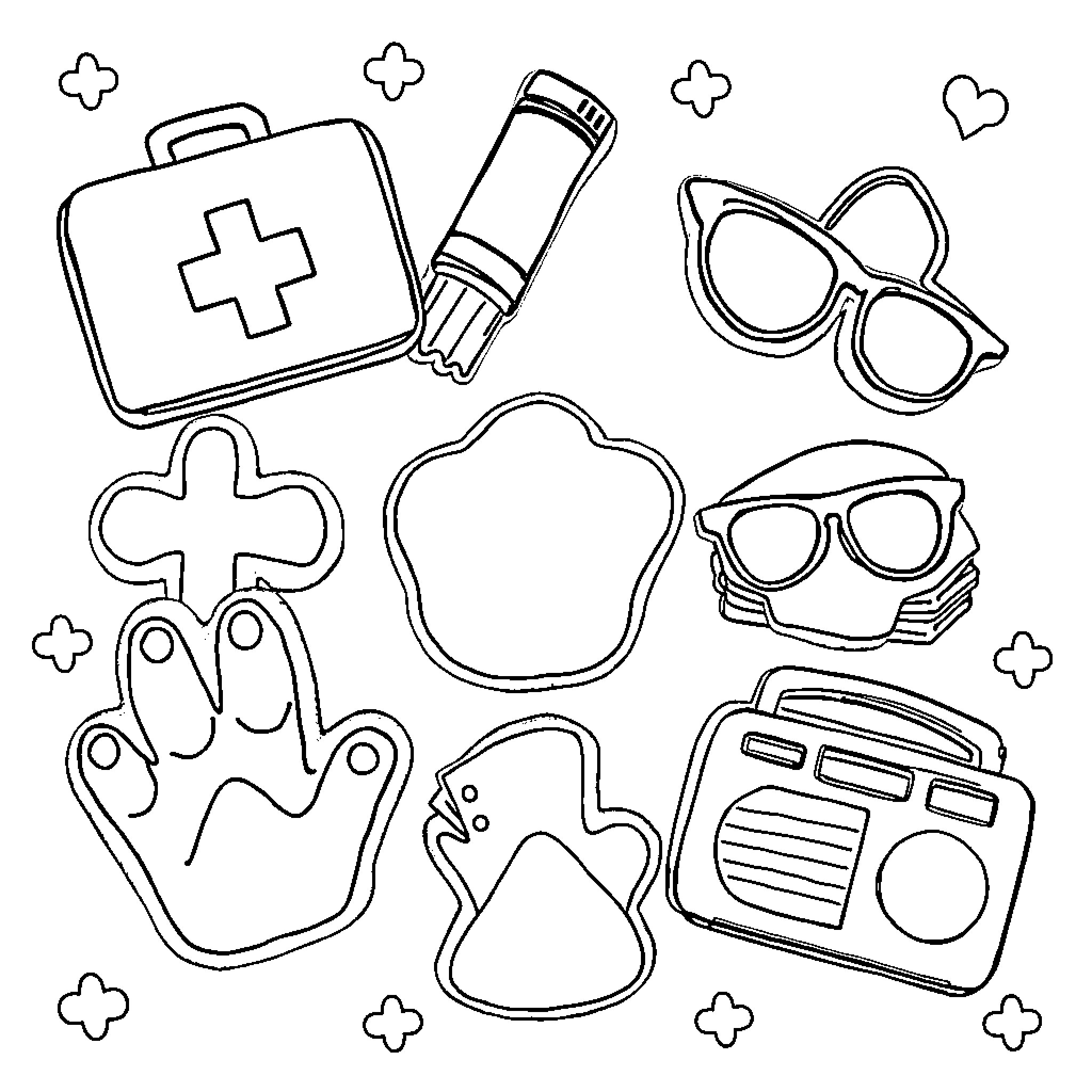 Cookie Shaped Medical and Everyday Objects Coloring Page (free black-and-white line drawing printable PDF for all, from beginners to advanced learners, including children, teens, adults, and seniors)