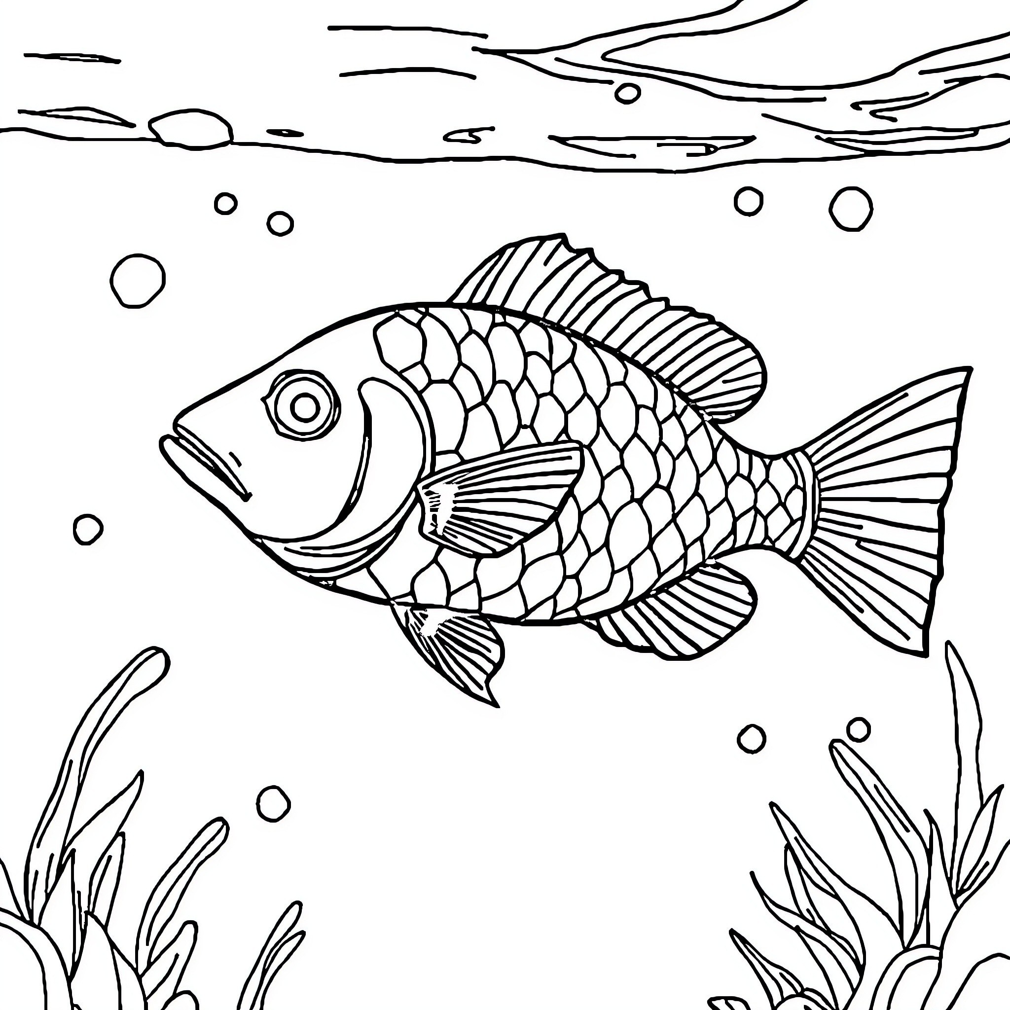 Fish swimming peacefully in underwater scene Coloring Page (free black-and-white line drawing printable PDF for all, from beginners to advanced learners, including children, teens, adults, and seniors)