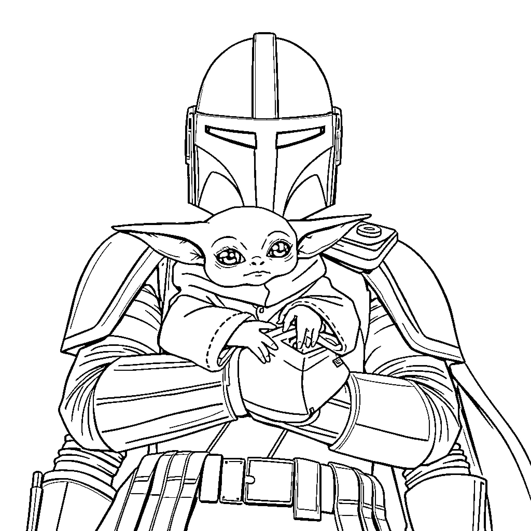 Baby Yoda Riding with a Mandalorian Warrior Coloring Page (free black-and-white line drawing printable PDF for all, from beginners to advanced learners, including children, teens, adults, and seniors)