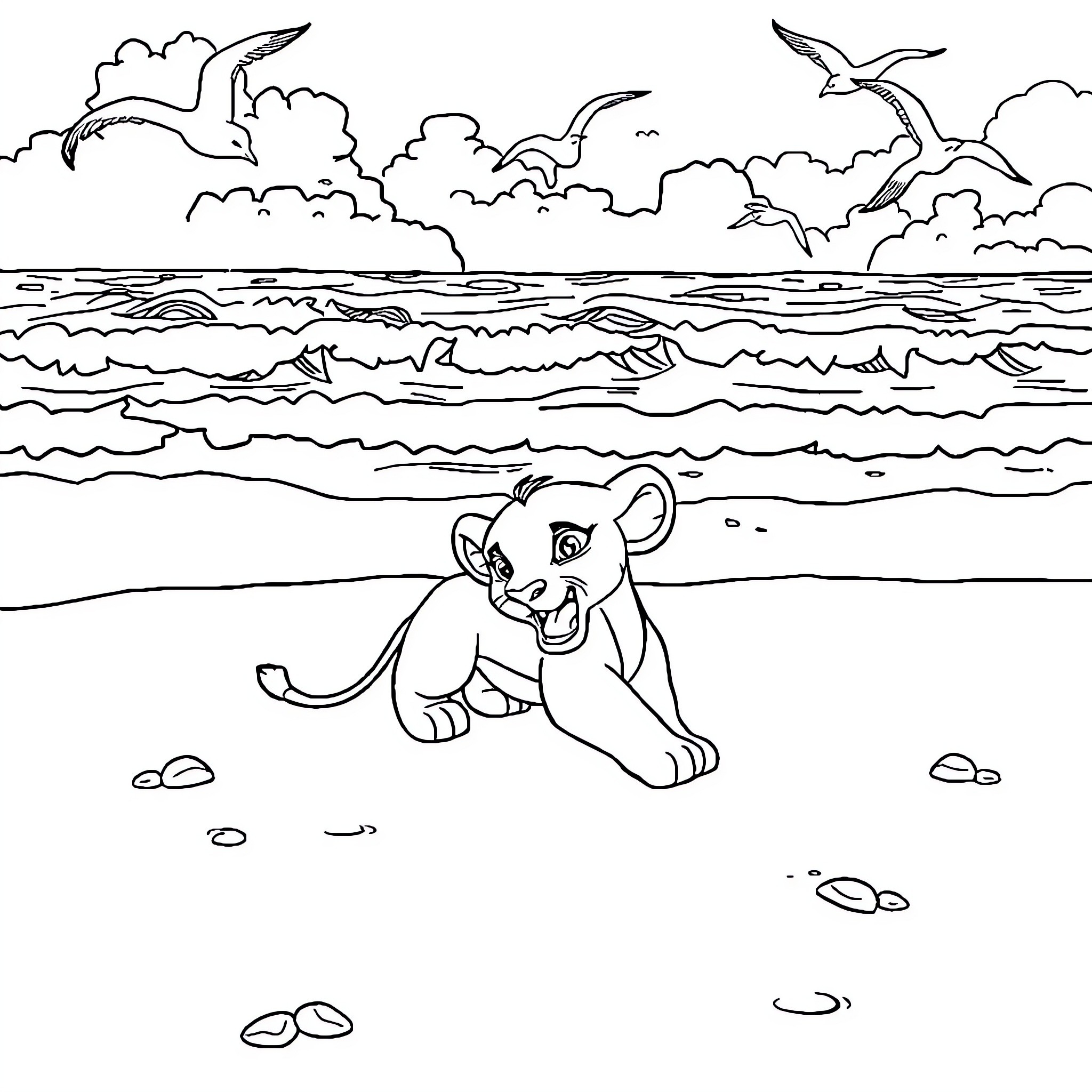 Simba exploring the beach by the ocean Coloring Page (free black-and-white line drawing printable PDF for all, from beginners to advanced learners, including children, teens, adults, and seniors)