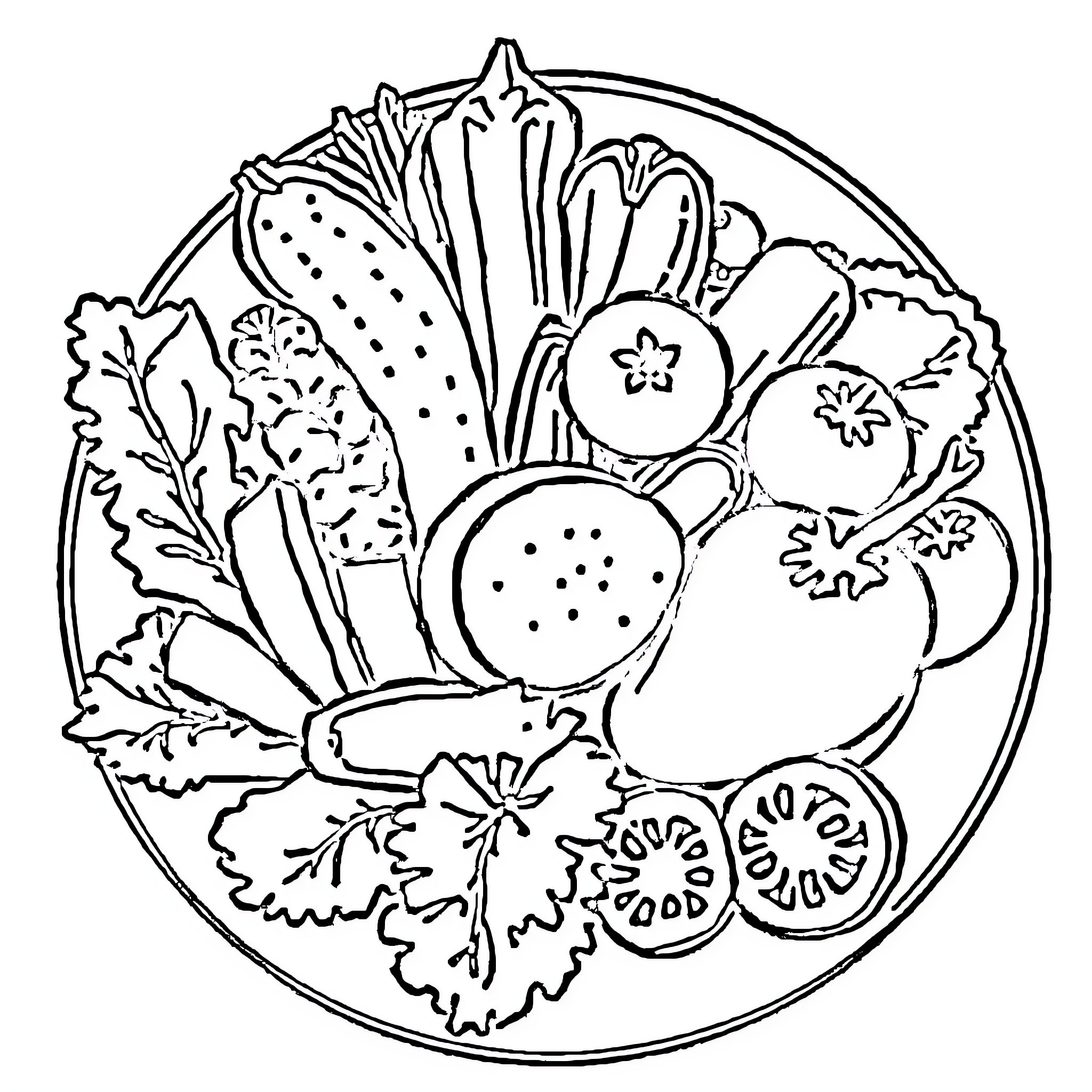 Food arranged in decorative pattern Coloring Page (free black-and-white line drawing printable PDF for all, from beginners to advanced learners, including children, teens, adults, and seniors)