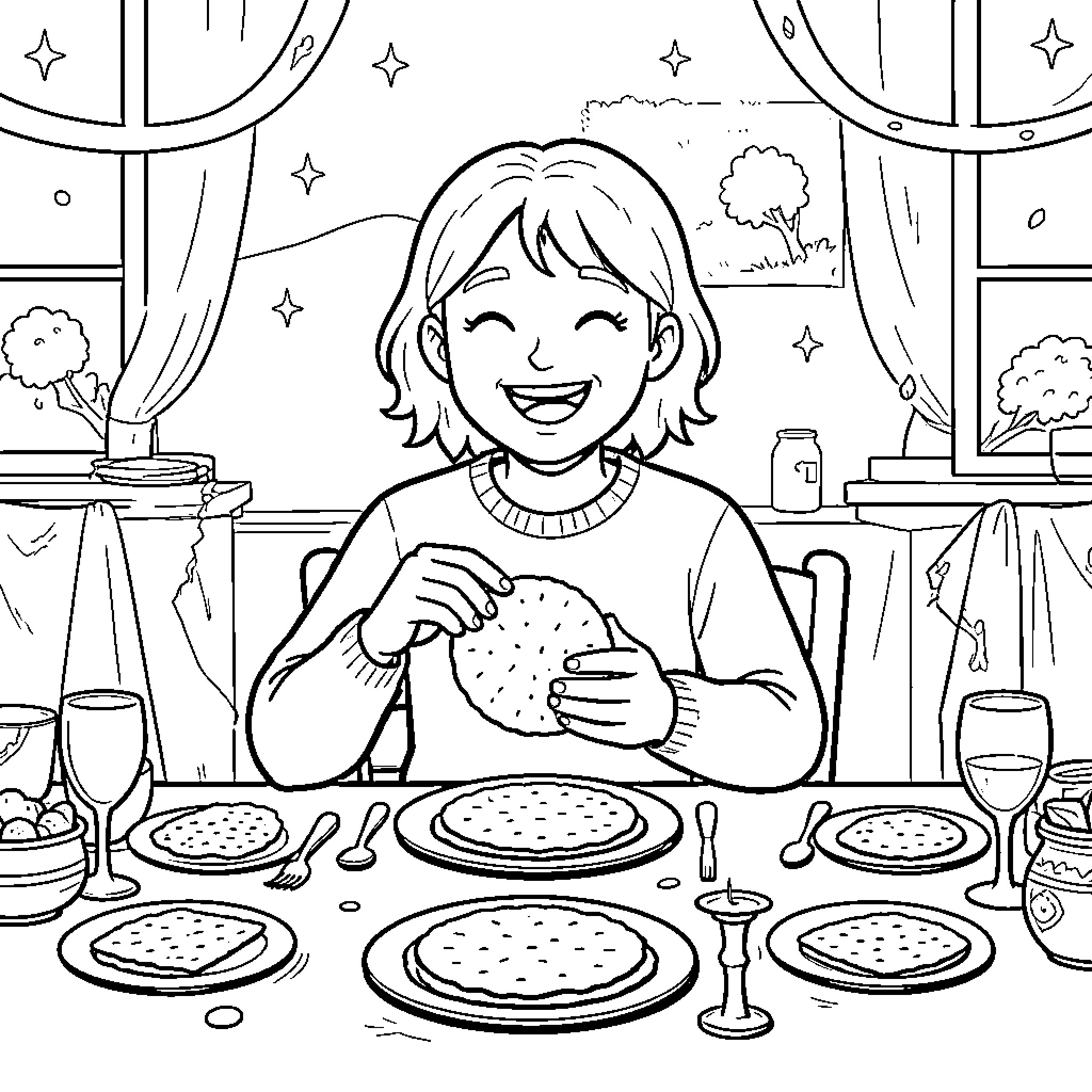 Person enjoying a meal at the dinner table Coloring Page (free black-and-white line drawing printable PDF for all, from beginners to advanced learners, including children, teens, adults, and seniors)