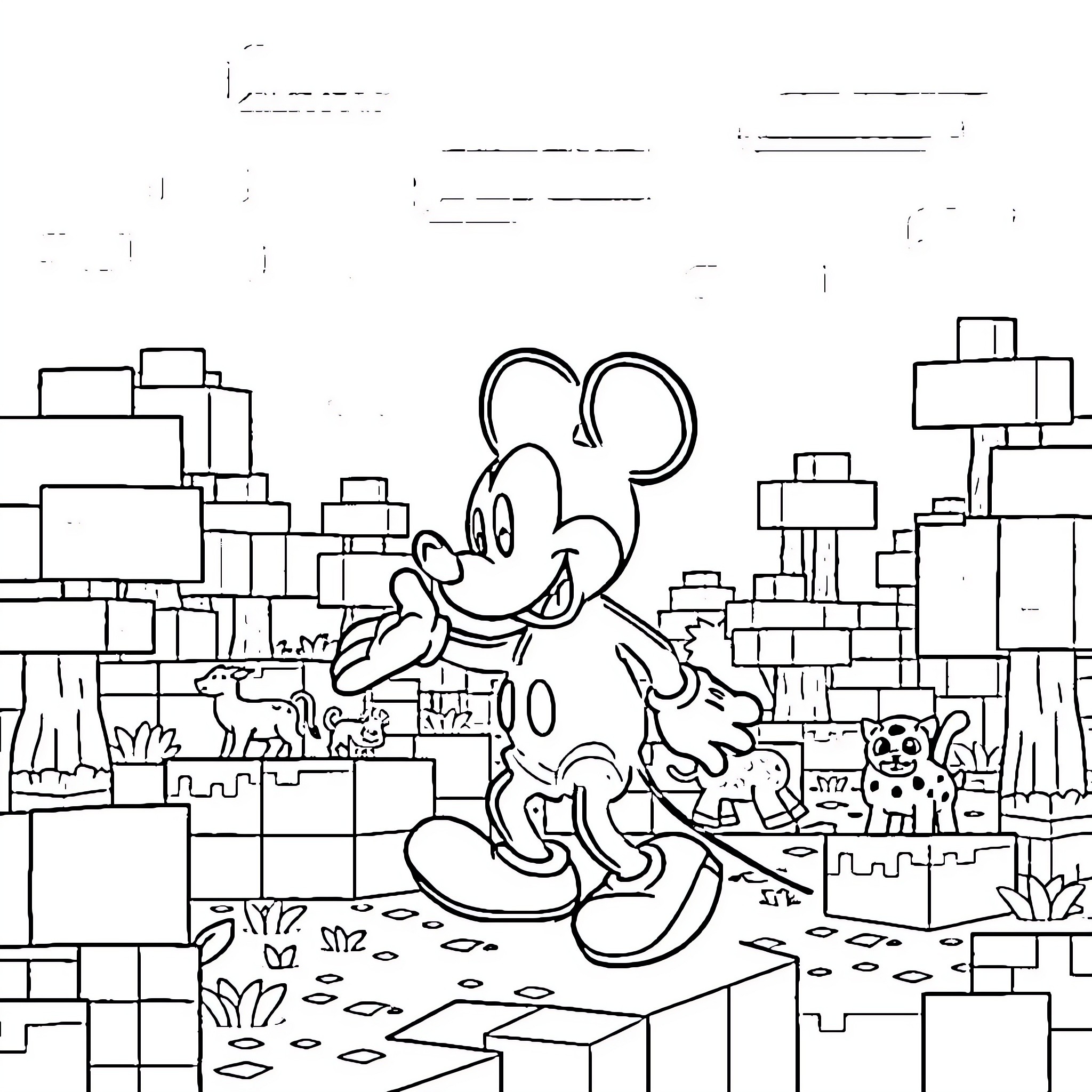 Mickey Mouse exploring a blocky, abstract landscape Coloring Page (free black-and-white line drawing printable PDF for all, from beginners to advanced learners, including children, teens, adults, and seniors)