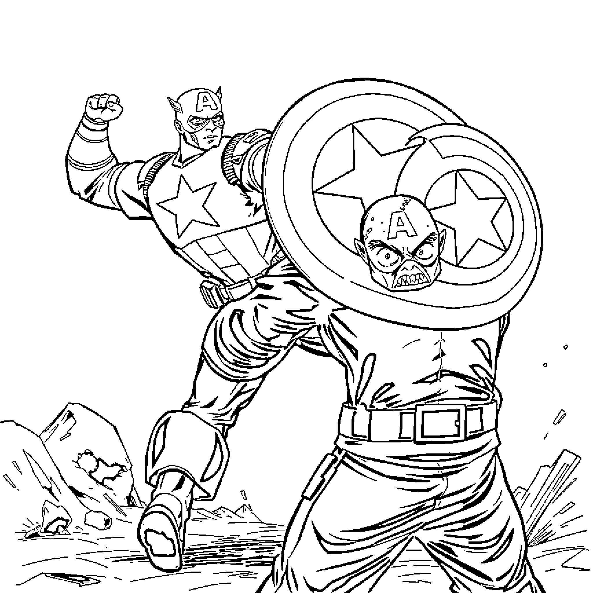 Captain America Charging into Battle with Shield Coloring Page (free black-and-white line drawing printable PDF for all, from beginners to advanced learners, including children, teens, adults, and seniors)