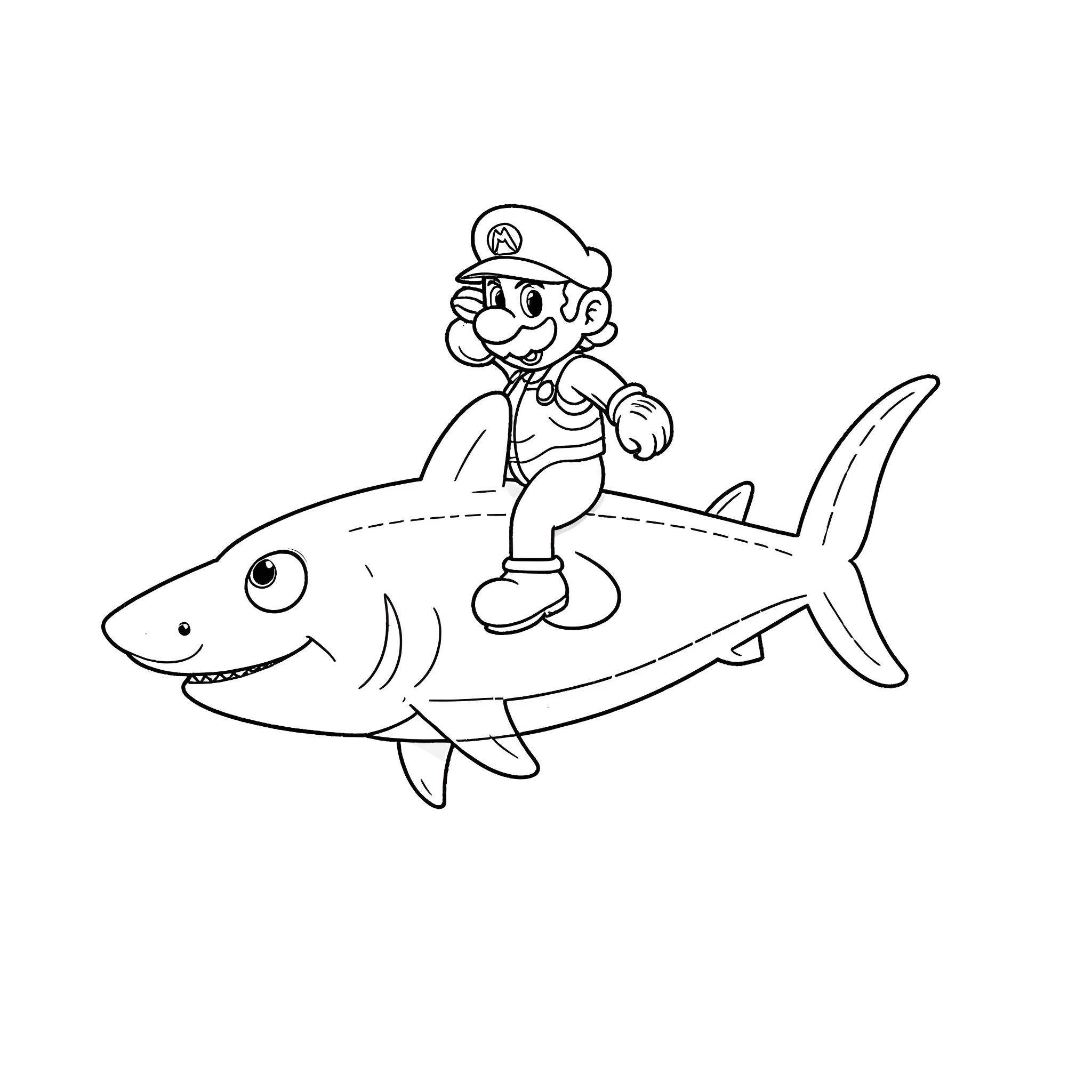 Super Mario rides a friendly shark Coloring Page (free black-and-white line drawing printable PDF for all, from beginners to advanced learners, including children, teens, adults, and seniors)