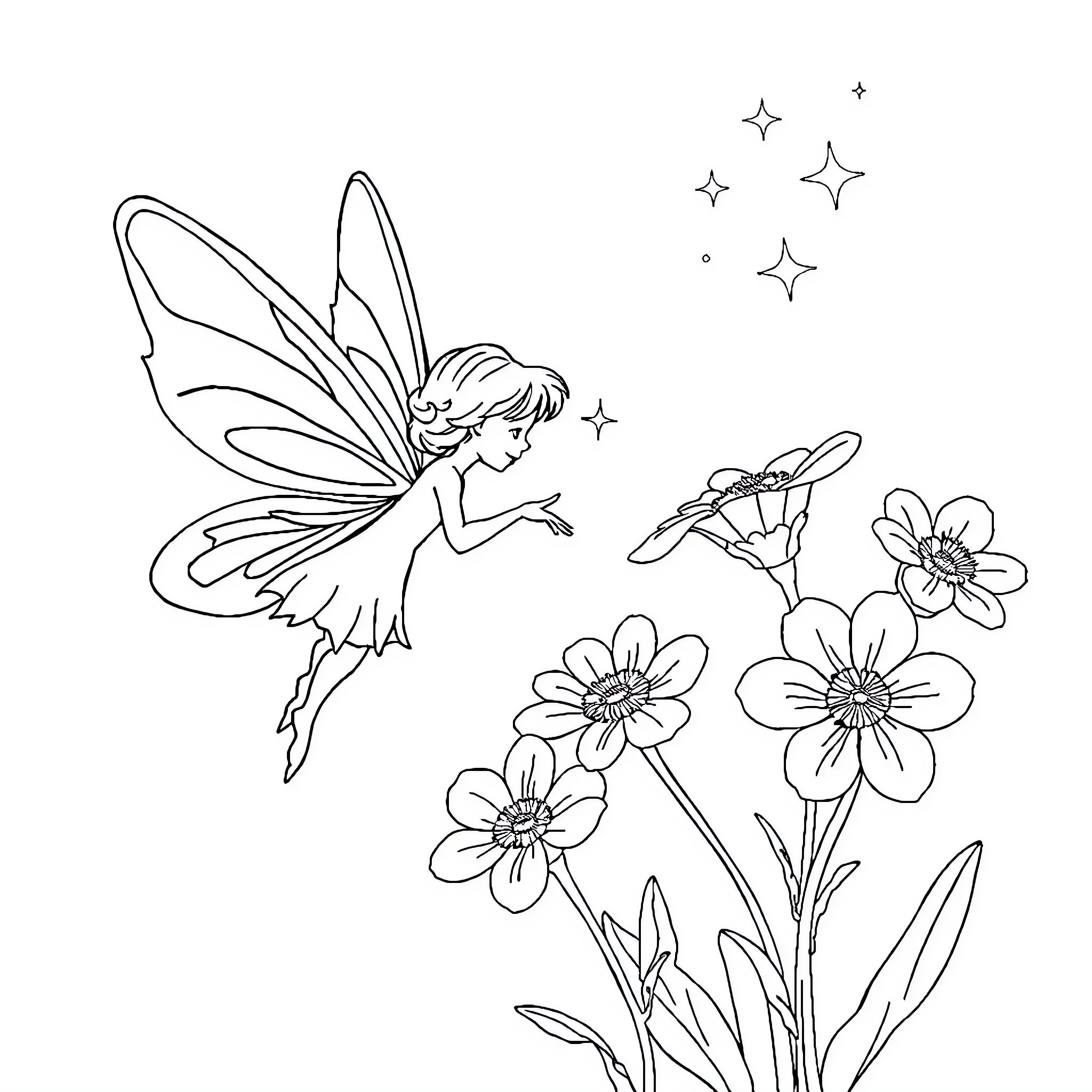 Fairy dancing among starry flowers Coloring Page (free black-and-white line drawing printable PDF for all, from beginners to advanced learners, including children, teens, adults, and seniors)
