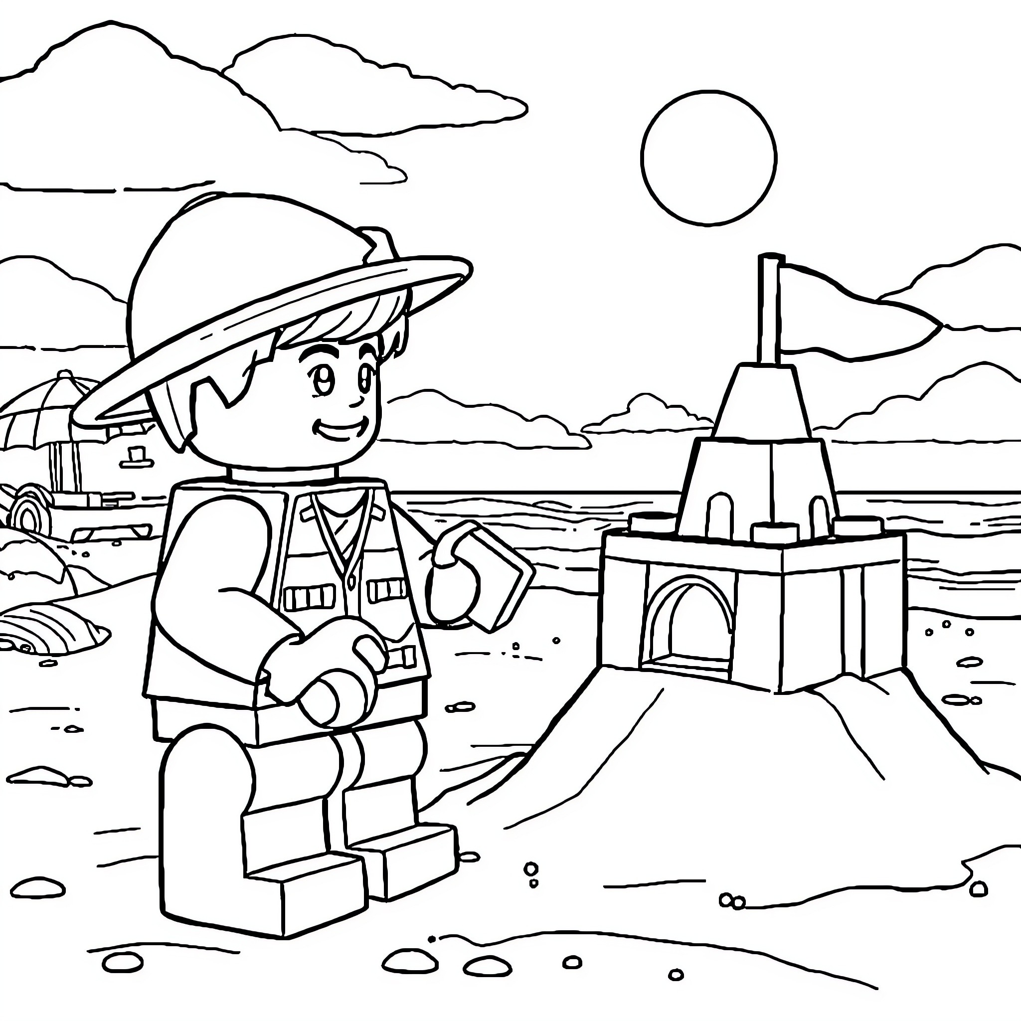 Lego Man Exploring the Coastal Landscape Coloring Page (free black-and-white line drawing printable PDF for all, from beginners to advanced learners, including children, teens, adults, and seniors)