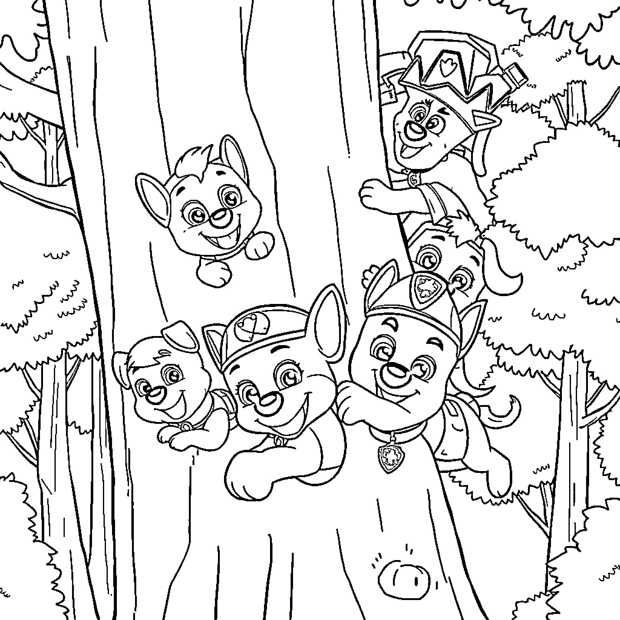 Paw Patrol pups exploring the forest together Coloring Page (free black-and-white line drawing printable PDF for all, from beginners to advanced learners, including children, teens, adults, and seniors)