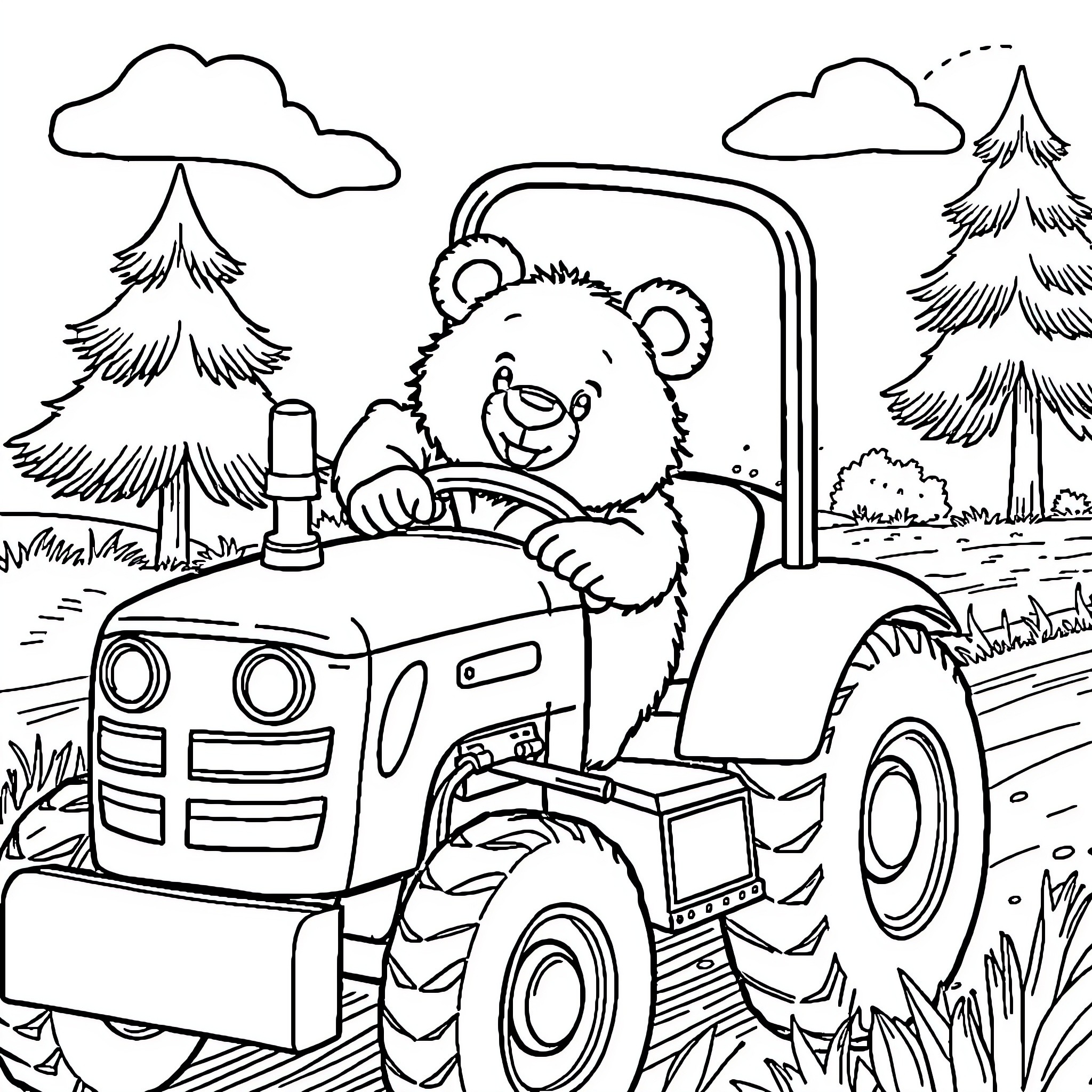 Petit Ours Brun driving a tractor in the countryside Coloring Page (free black-and-white line drawing printable PDF for all, from beginners to advanced learners, including children, teens, adults, and seniors)