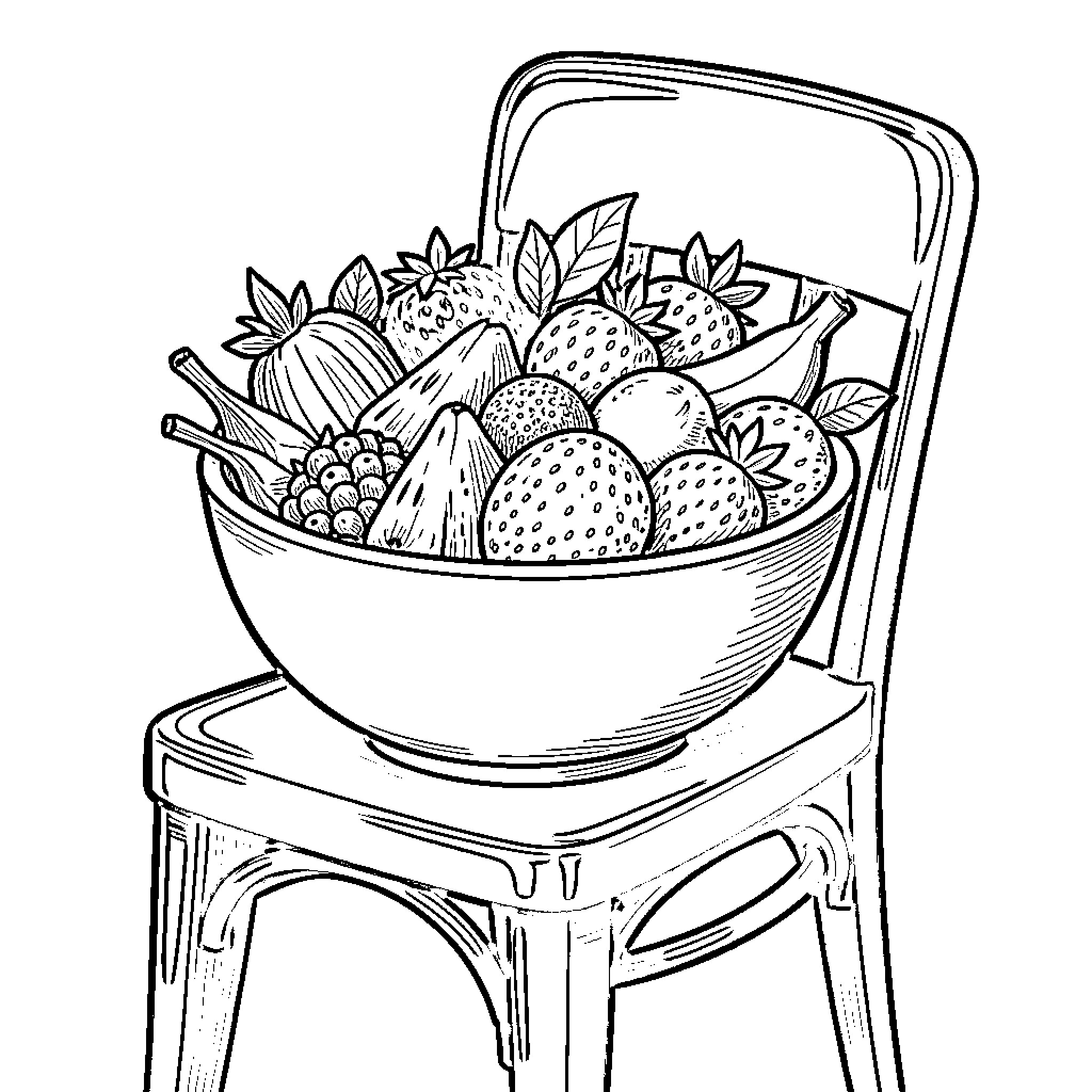 Fruit Basket Filled with Bountiful Harvest Coloring Page (free black-and-white line drawing printable PDF for all, from beginners to advanced learners, including children, teens, adults, and seniors)