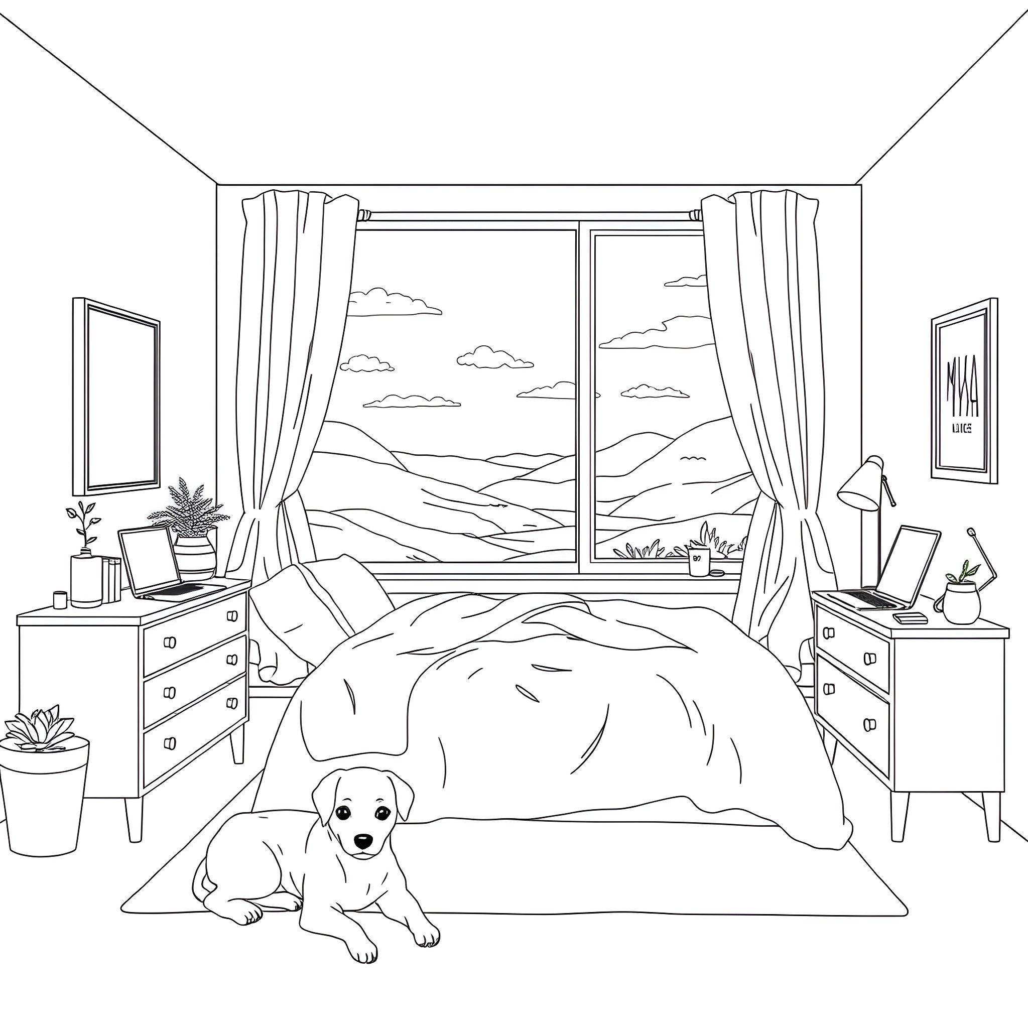 Girl and her puppy in a cozy bedroom Coloring Page (free black-and-white line drawing printable PDF for all, from beginners to advanced learners, including children, teens, adults, and seniors)