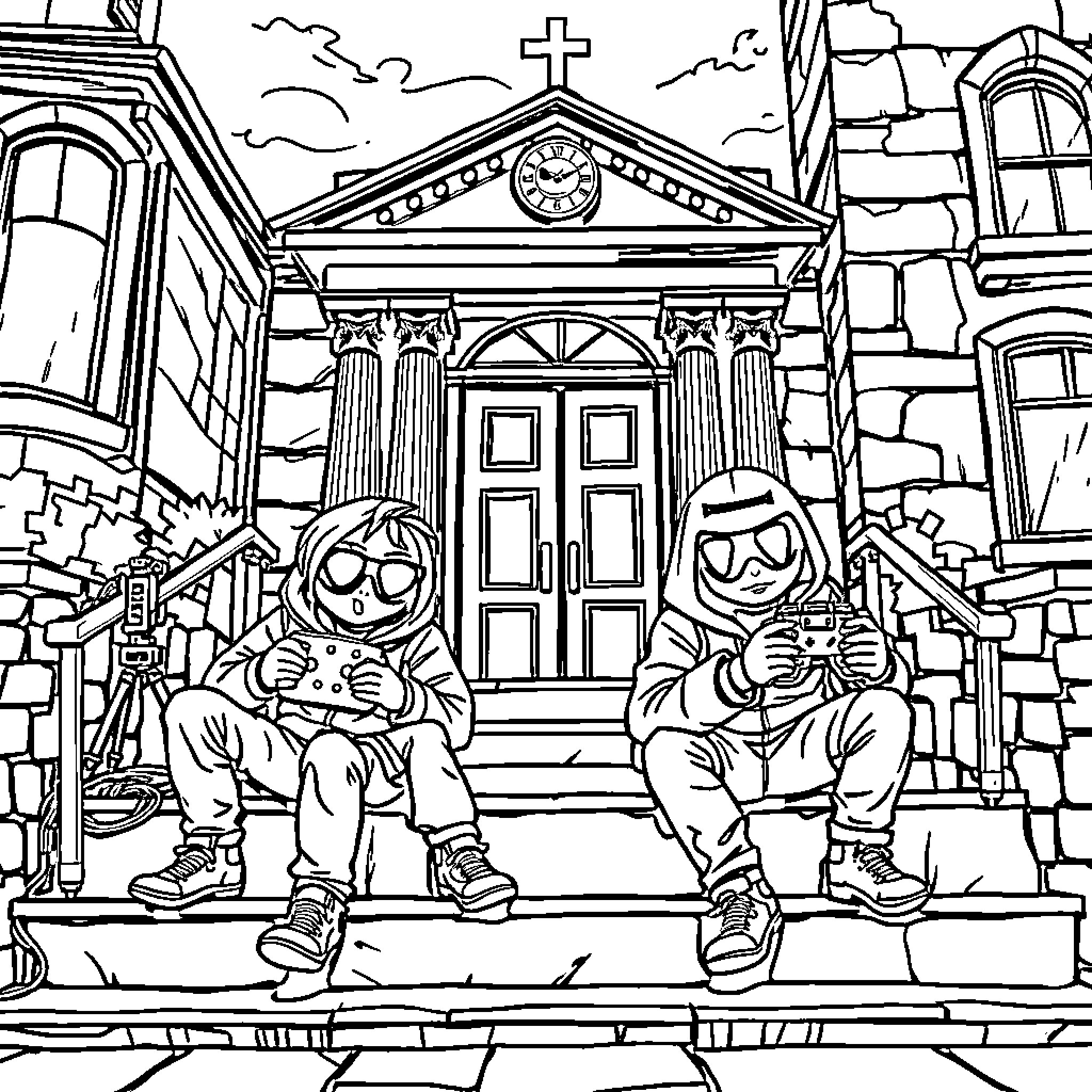 Glitch Techs playing video games on church steps Coloring Page (free black-and-white line drawing printable PDF for all, from beginners to advanced learners, including children, teens, adults, and seniors)