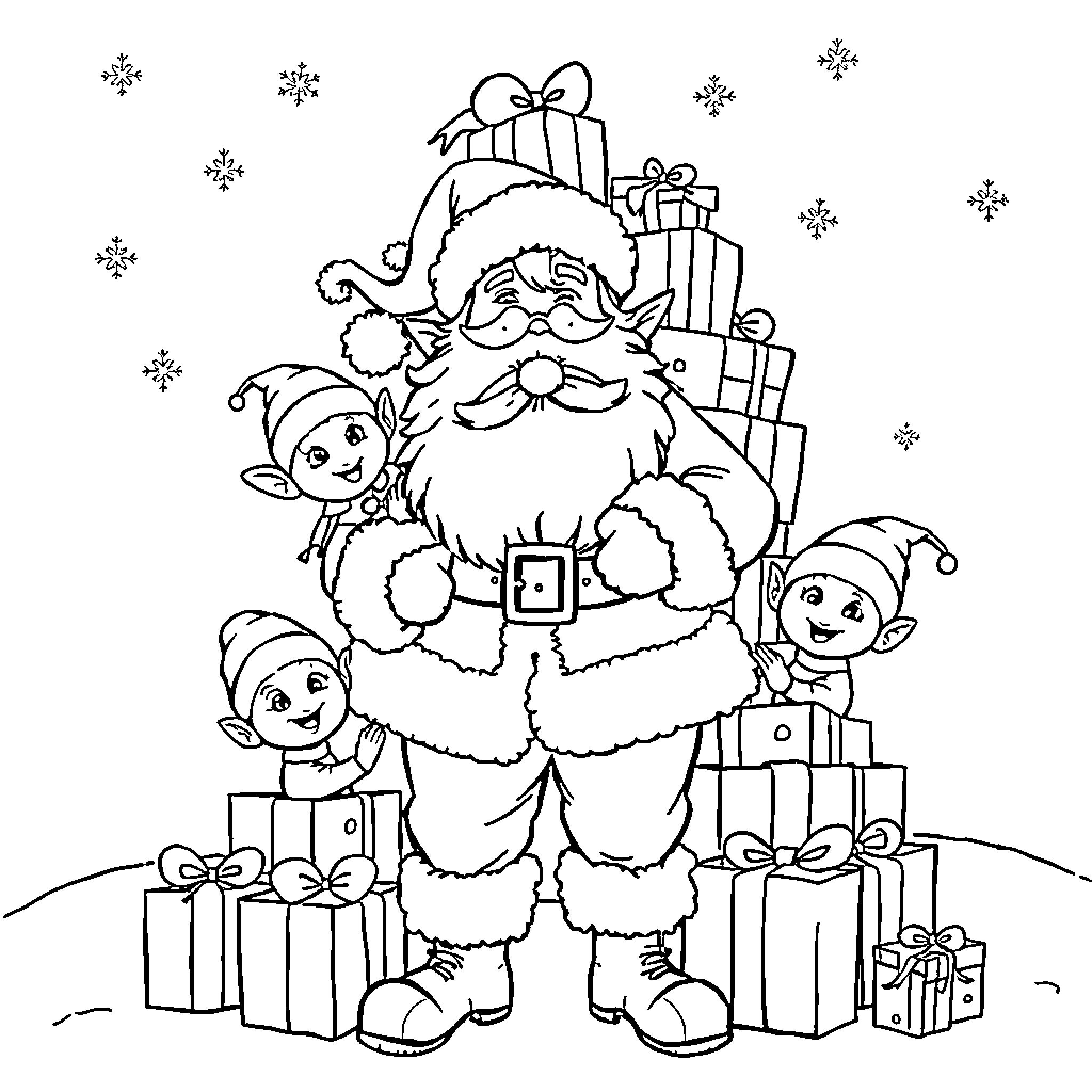 Papa Noel surrounded by elves and gifts Coloring Page (free black-and-white line drawing printable PDF for all, from beginners to advanced learners, including children, teens, adults, and seniors)