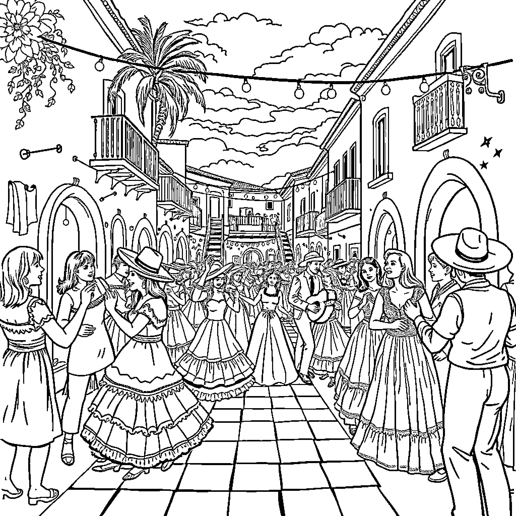 Fiestas in a Vibrant Celebration Coloring Page (free black-and-white line drawing printable PDF for all, from beginners to advanced learners, including children, teens, adults, and seniors)