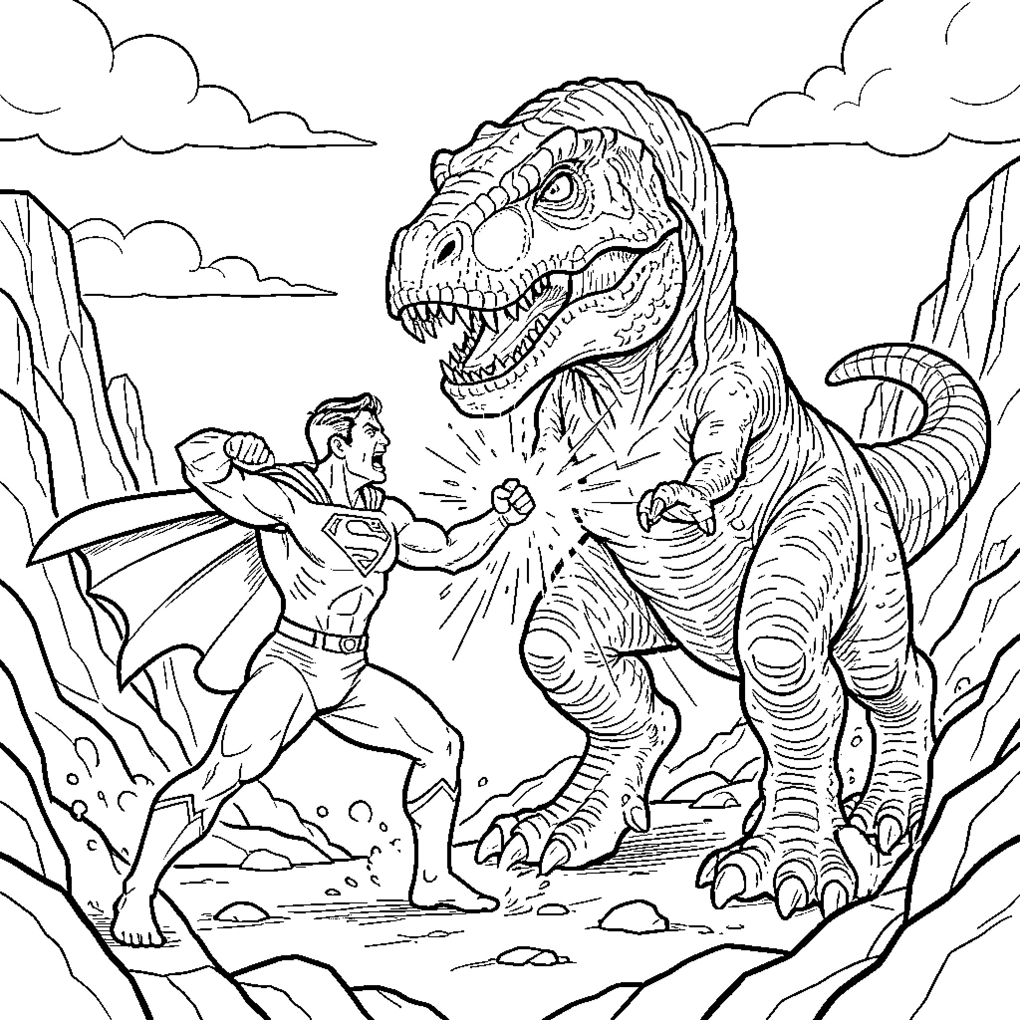 Superman battling a ferocious dinosaur Coloring Page (free black-and-white line drawing printable PDF for all, from beginners to advanced learners, including children, teens, adults, and seniors)