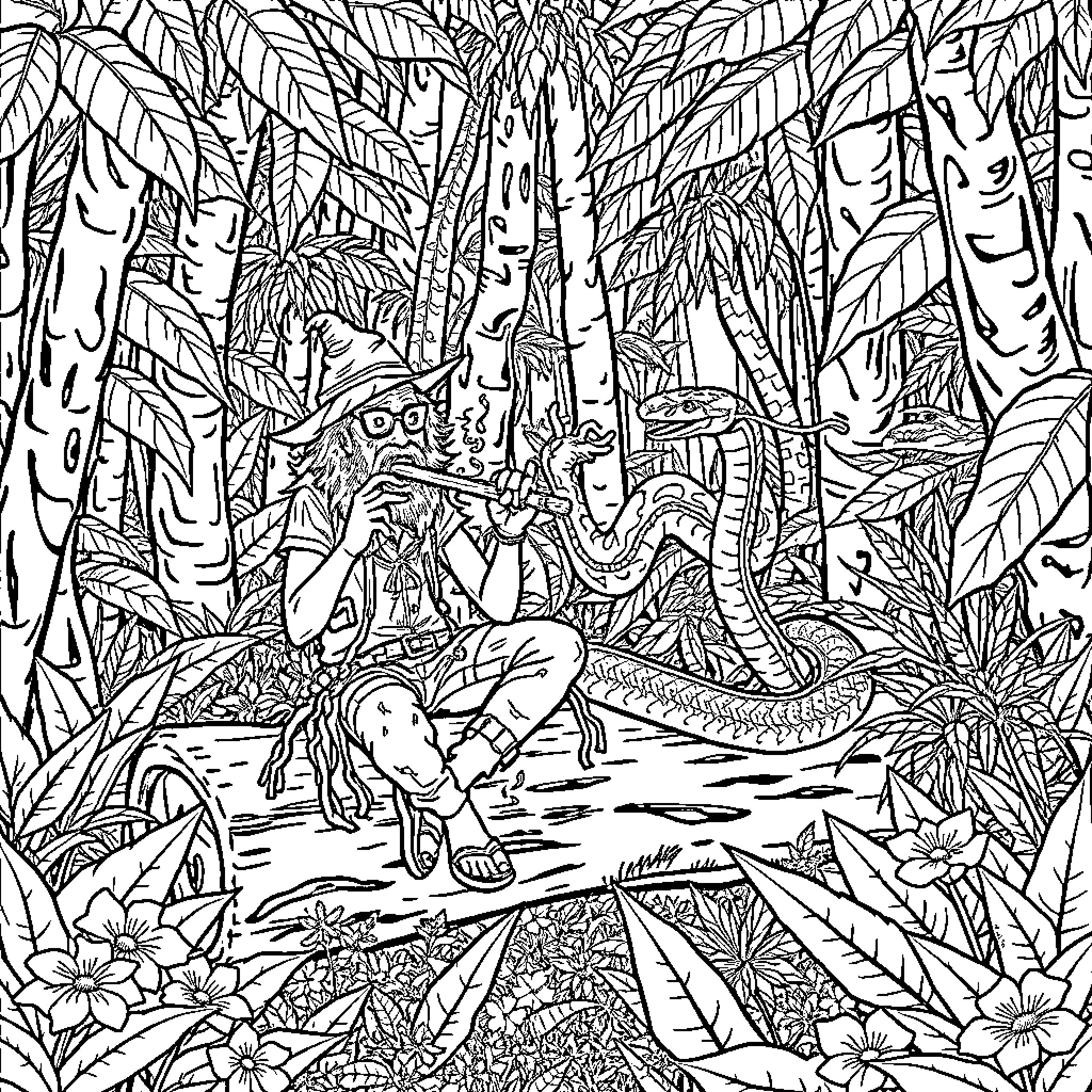 Man confronting a fearsome serpent in the dense jungle Coloring Page (free black-and-white line drawing printable PDF for all, from beginners to advanced learners, including children, teens, adults, and seniors)