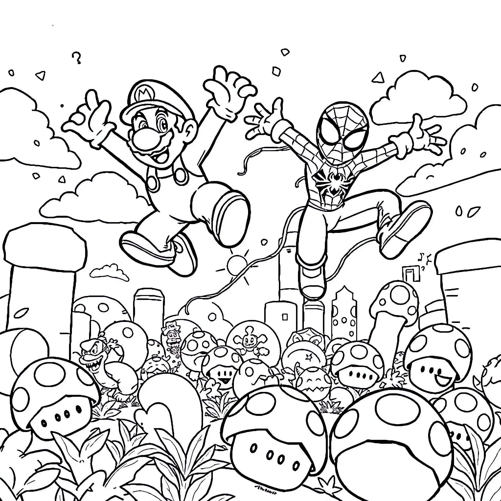 Mario and Spider-Man leaping through a fantastical landscape Coloring Page (free black-and-white line drawing printable PDF for all, from beginners to advanced learners, including children, teens, adults, and seniors)
