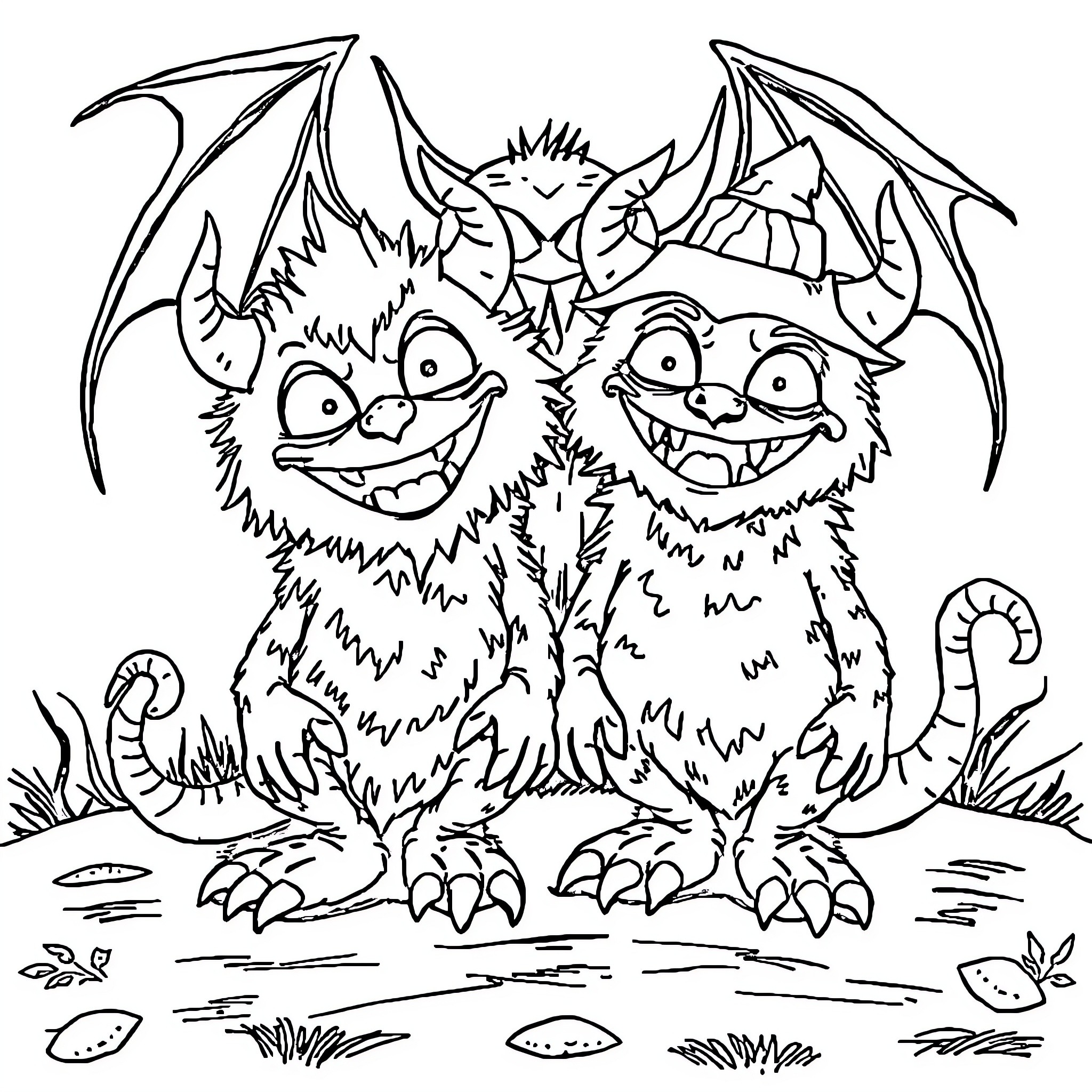 Monster duo playing in the wild Coloring Page (free black-and-white line drawing printable PDF for all, from beginners to advanced learners, including children, teens, adults, and seniors)