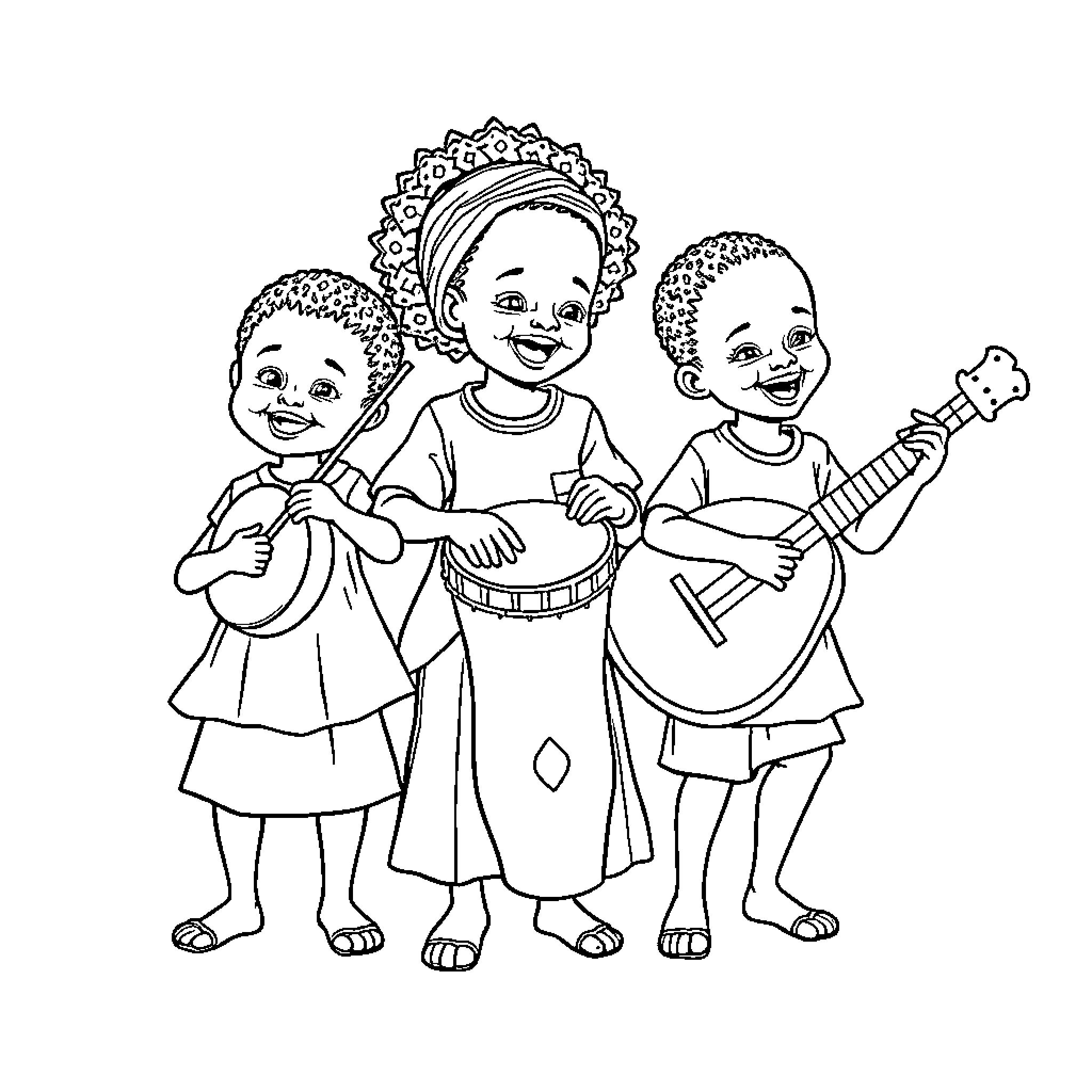 Child musicians performing with traditional instruments Coloring Page (free black-and-white line drawing printable PDF for all, from beginners to advanced learners, including children, teens, adults, and seniors)