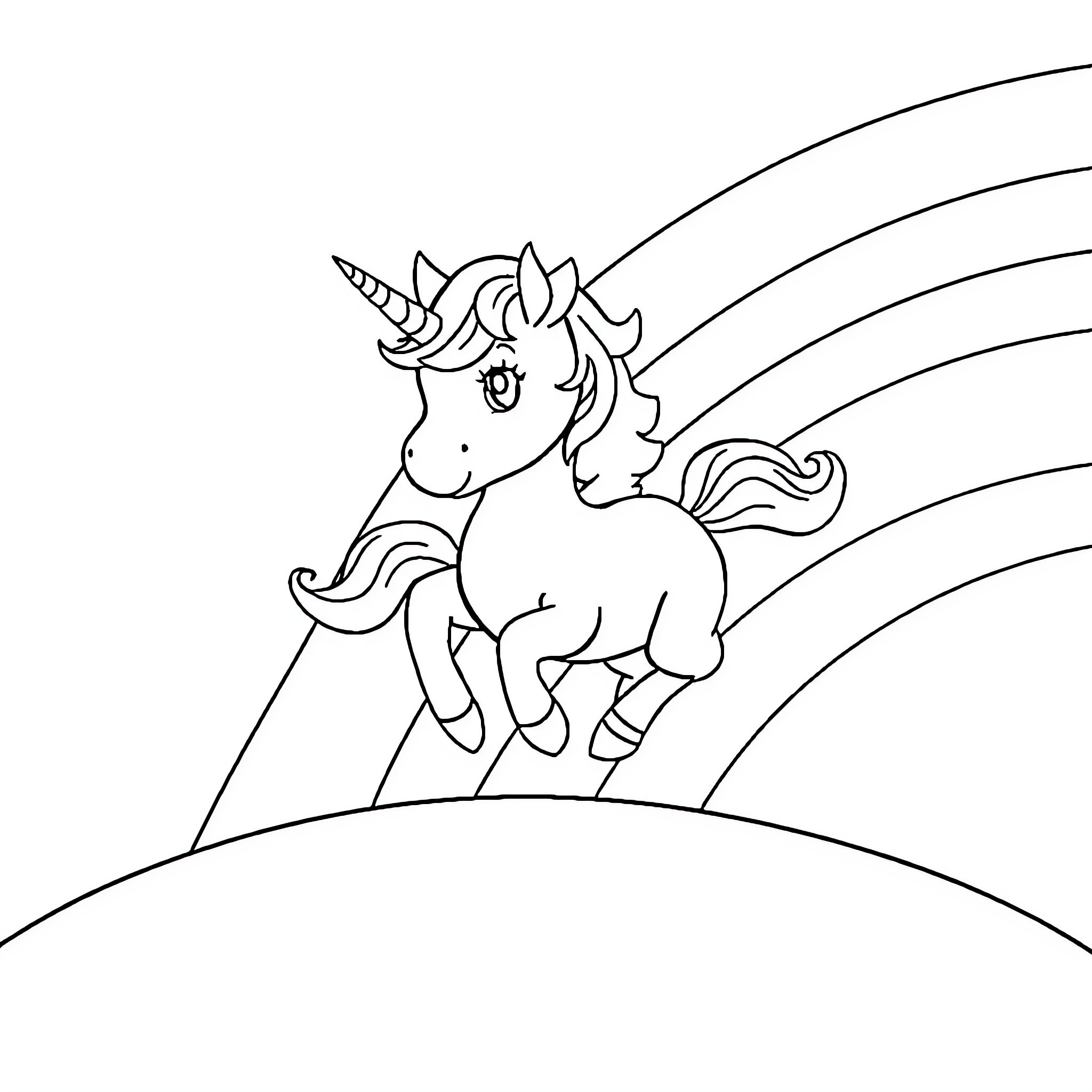 Unicorn running happily through a magical landscape Coloring Page (free black-and-white line drawing printable PDF for all, from beginners to advanced learners, including children, teens, adults, and seniors)