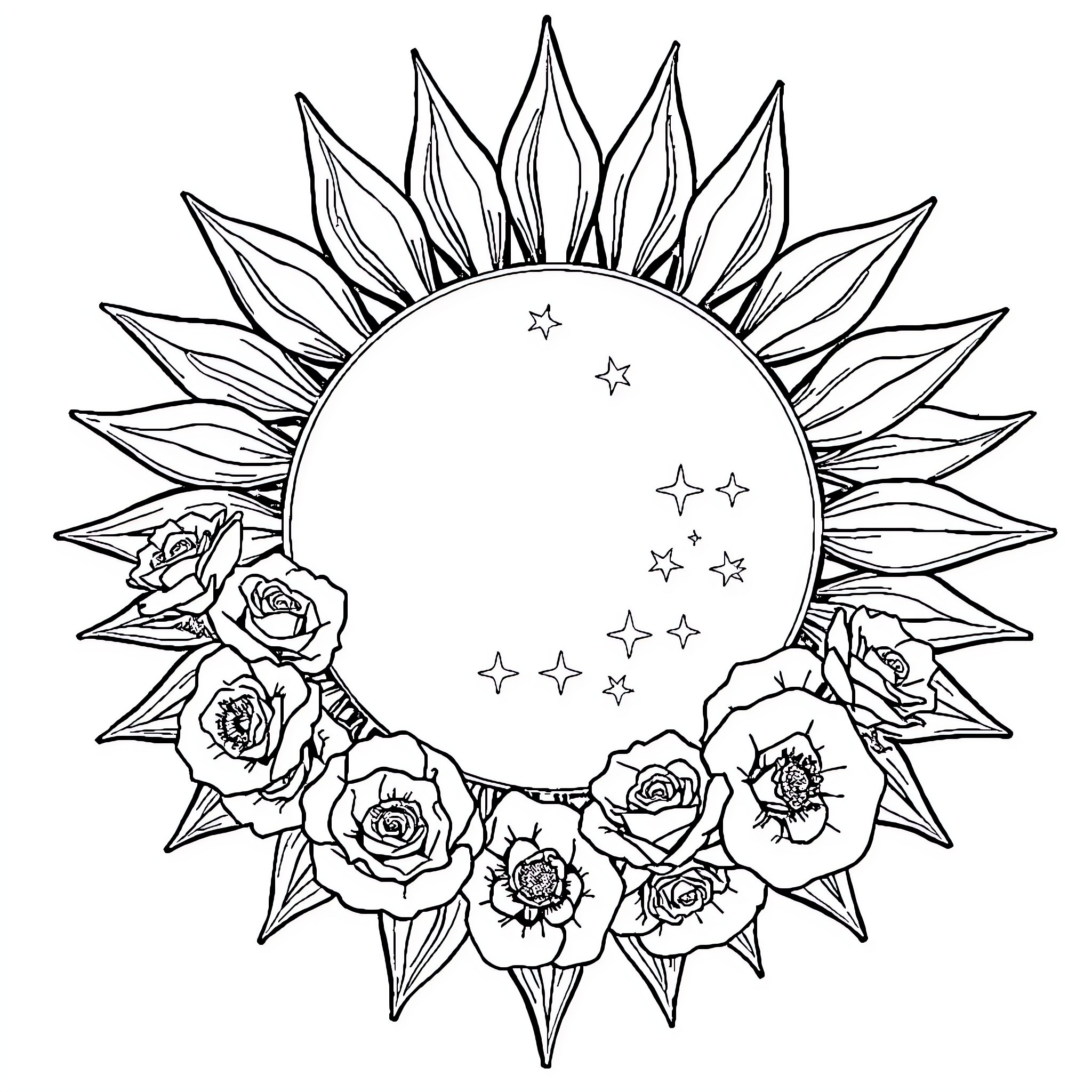 Sun surrounded by flowers and stars Coloring Page (free black-and-white line drawing printable PDF for all, from beginners to advanced learners, including children, teens, adults, and seniors)