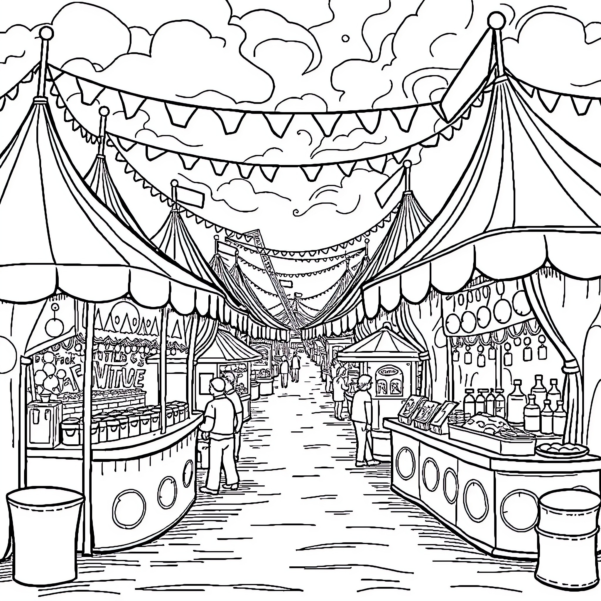 Fair Filled with Festive Decorations and Vendors Coloring Page (free black-and-white line drawing printable PDF for all, from beginners to advanced learners, including children, teens, adults, and seniors)