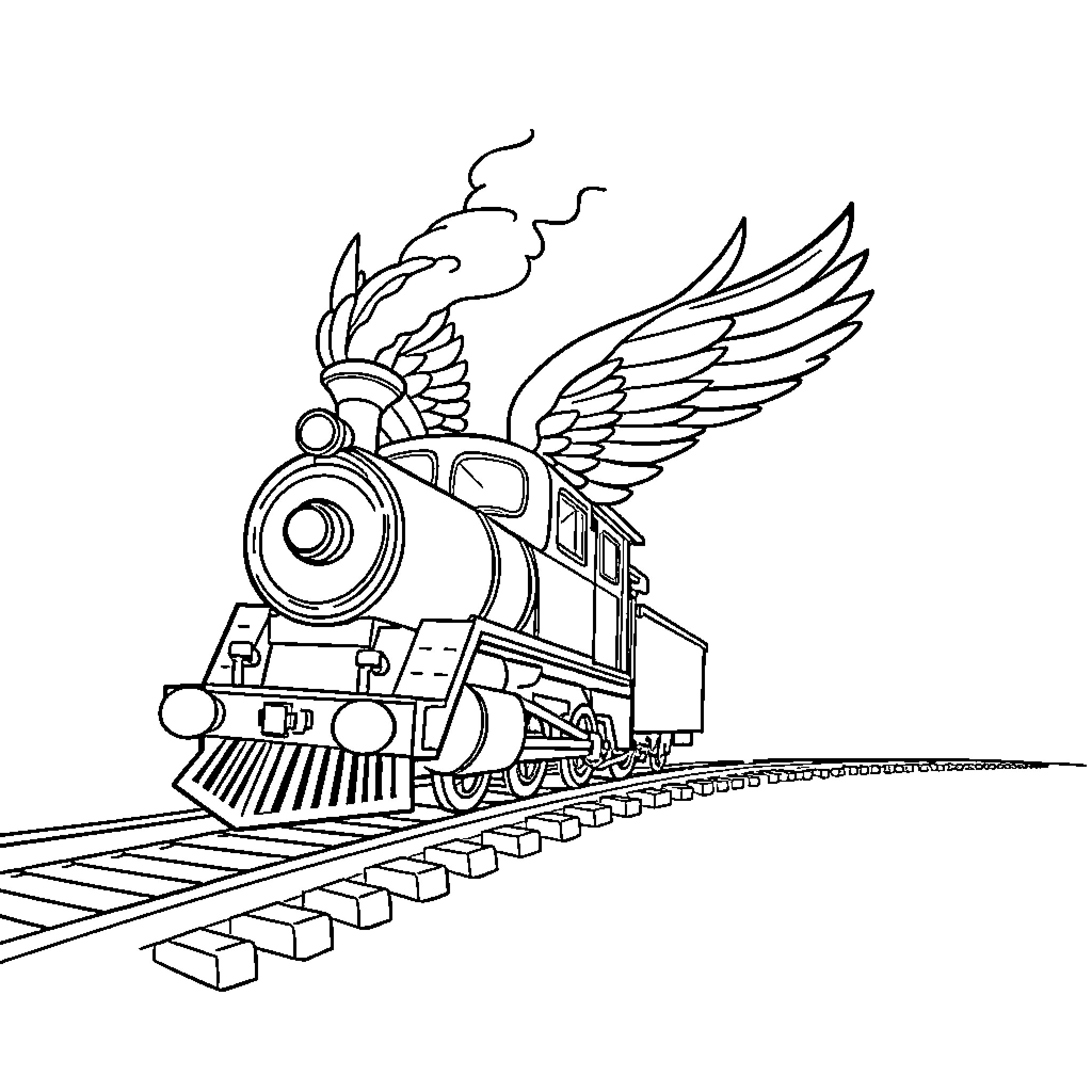 Train with winged engine speeding along the tracks Coloring Page (free black-and-white line drawing printable PDF for all, from beginners to advanced learners, including children, teens, adults, and seniors)