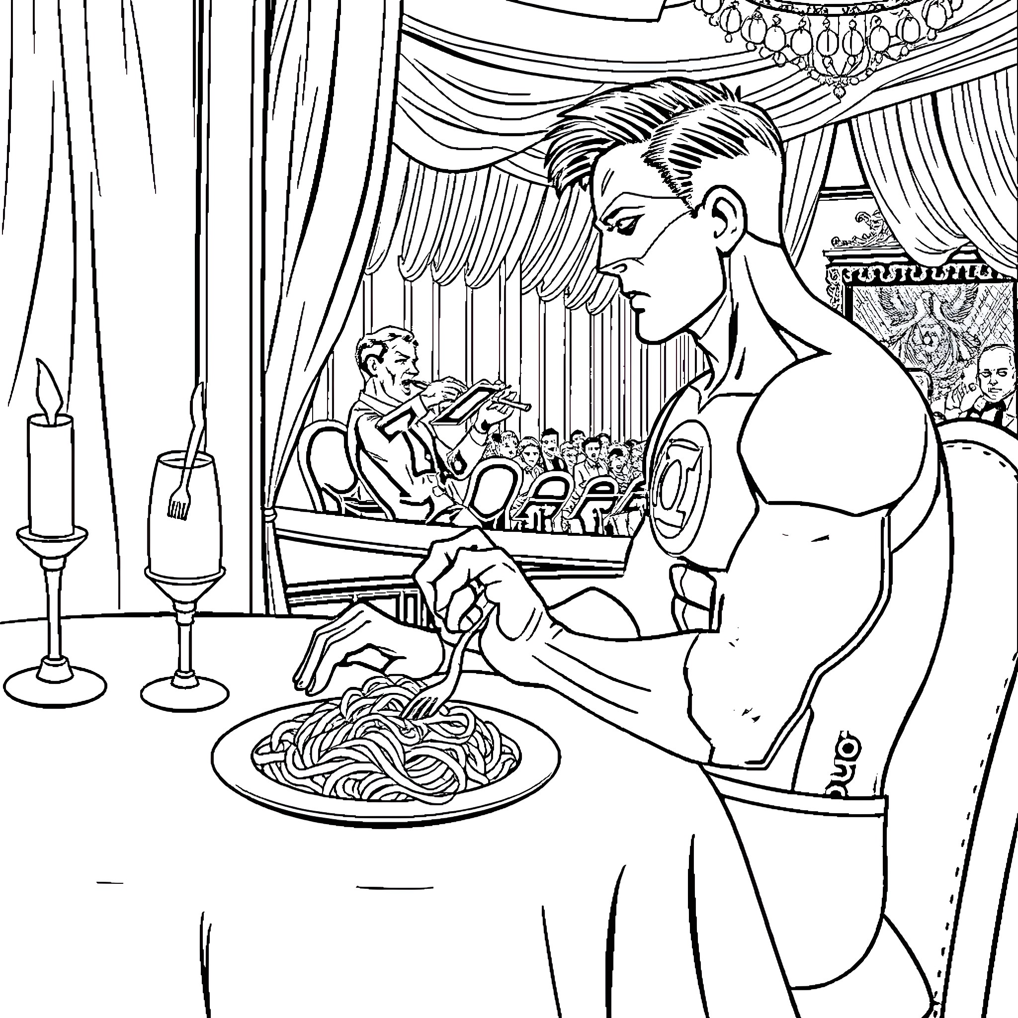Green Lantern Enjoying a Lavish Meal Coloring Page (free black-and-white line drawing printable PDF for all, from beginners to advanced learners, including children, teens, adults, and seniors)
