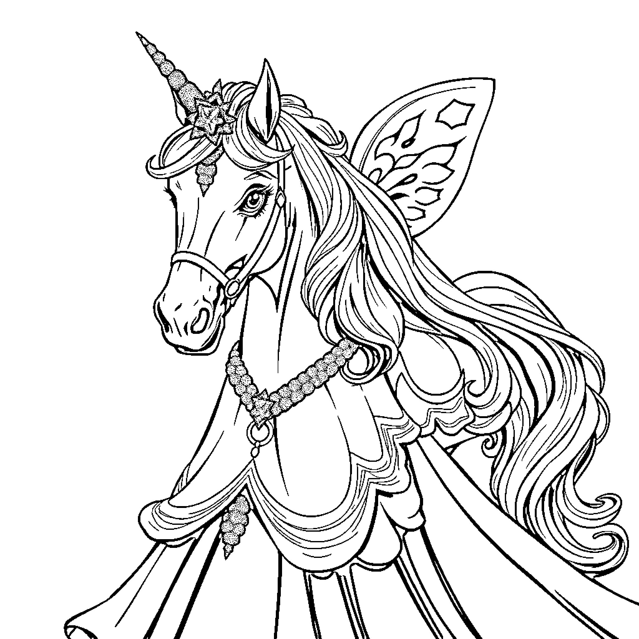 Fairy Princess Riding a Majestic Unicorn Coloring Page (free black-and-white line drawing printable PDF for all, from beginners to advanced learners, including children, teens, adults, and seniors)