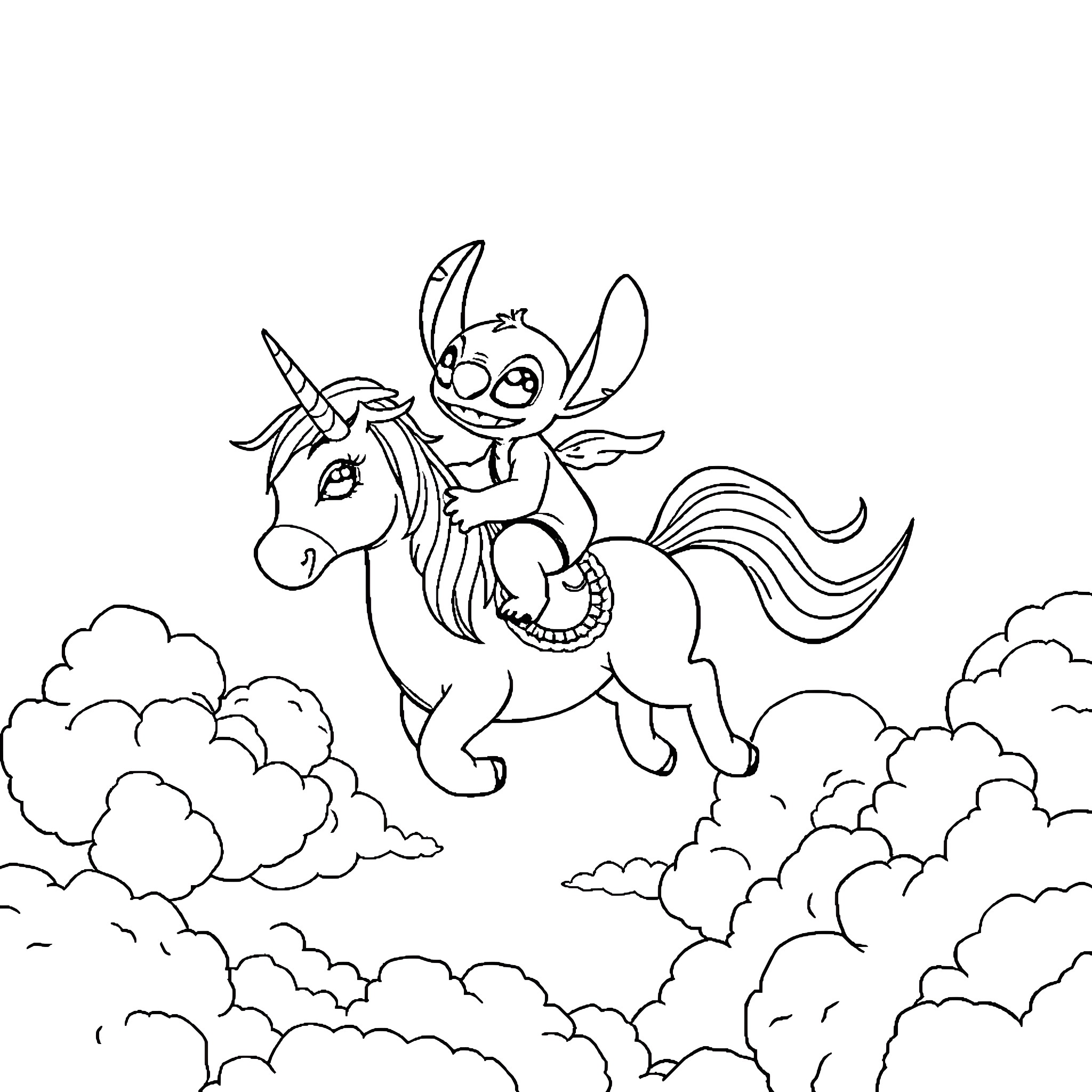 Lilo And Stitch riding a unicorn in the clouds Coloring Page (free black-and-white line drawing printable PDF for all, from beginners to advanced learners, including children, teens, adults, and seniors)