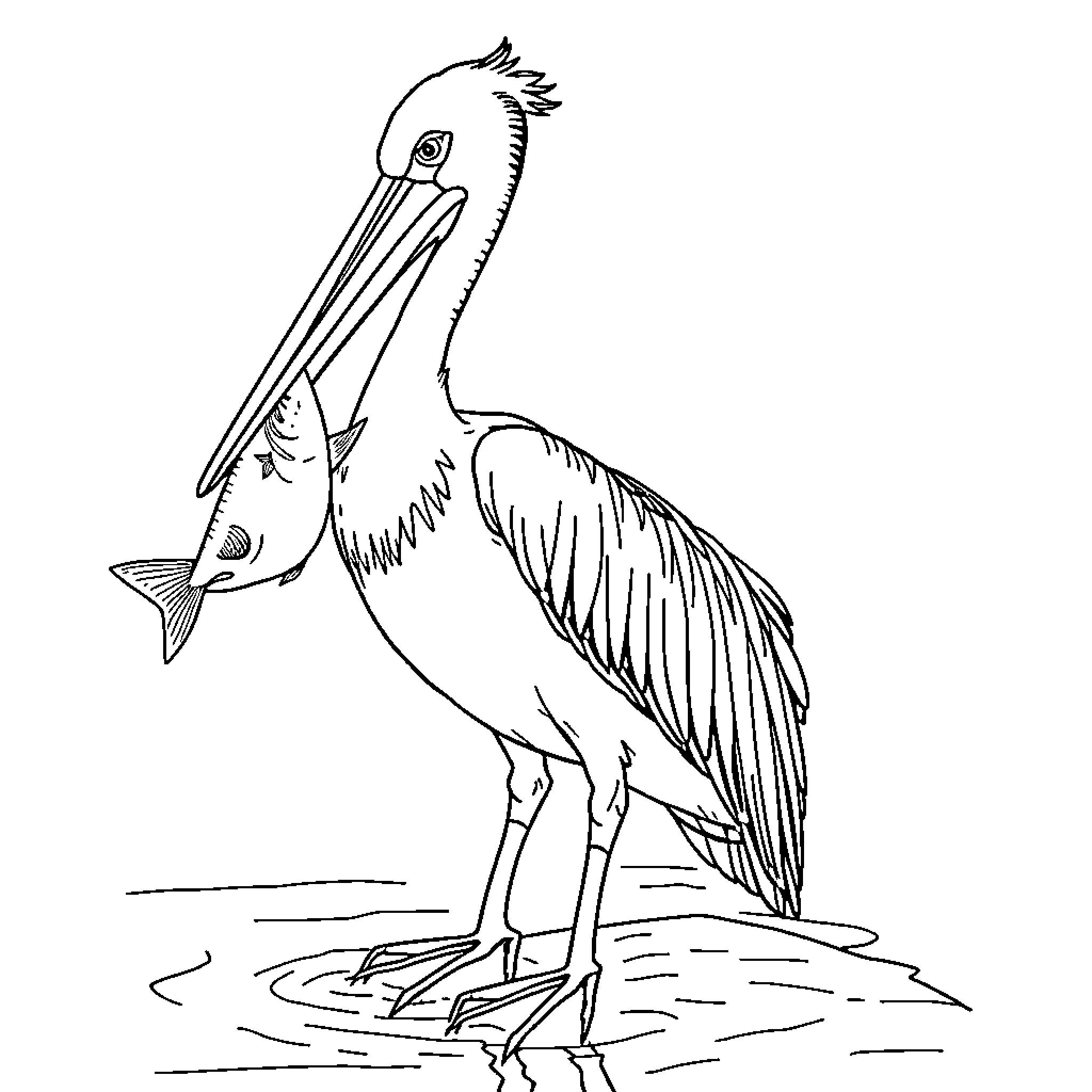 Pelican standing on the shoreline Coloring Page (free black-and-white line drawing printable PDF for all, from beginners to advanced learners, including children, teens, adults, and seniors)