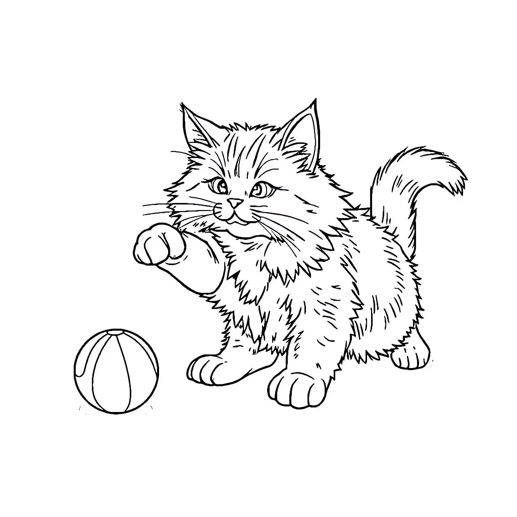 Cat playing with a ball Coloring Page (free black-and-white line drawing printable PDF for all, from beginners to advanced learners, including children, teens, adults, and seniors)