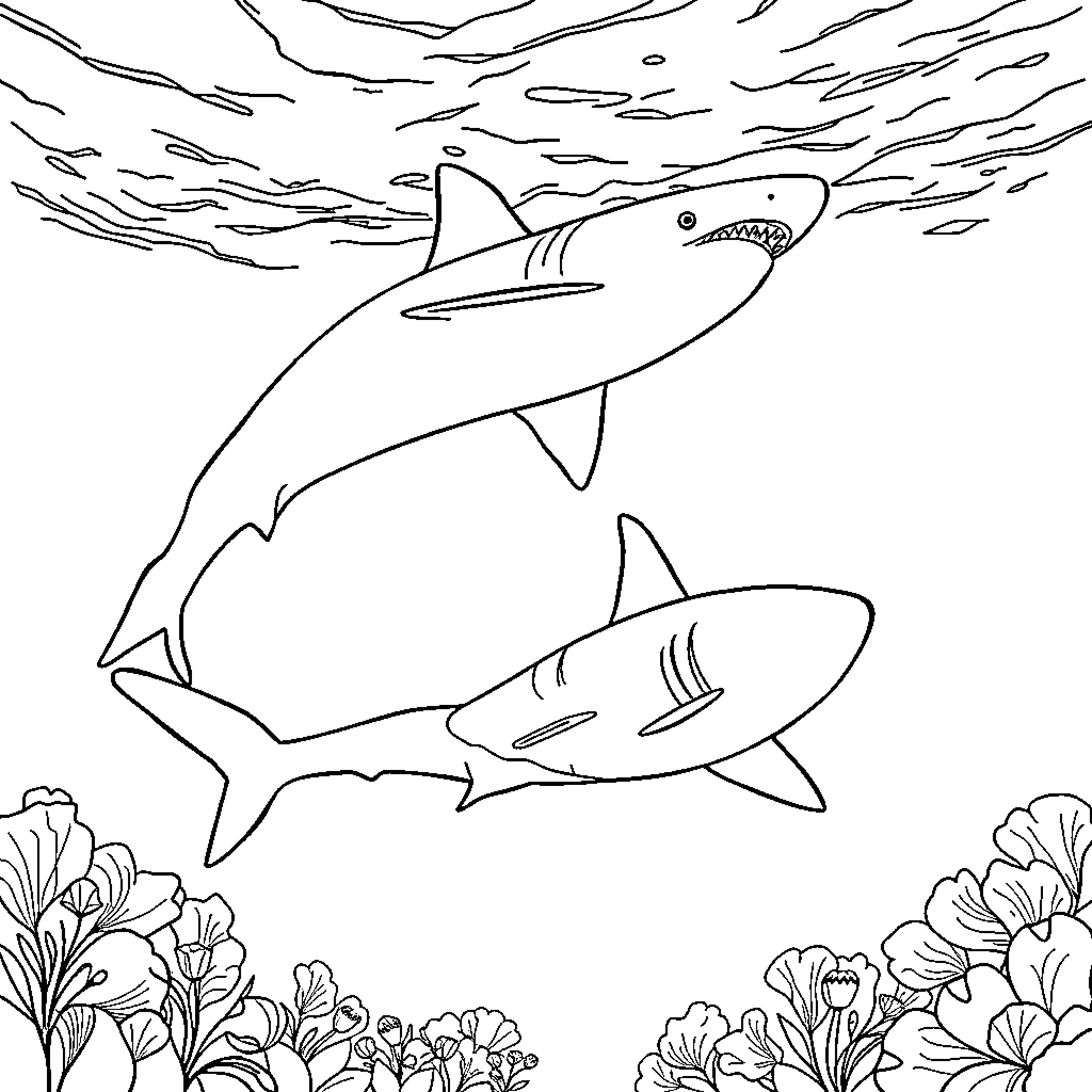 Shark swimming gracefully in underwater scene Coloring Page (free black-and-white line drawing printable PDF for all, from beginners to advanced learners, including children, teens, adults, and seniors)