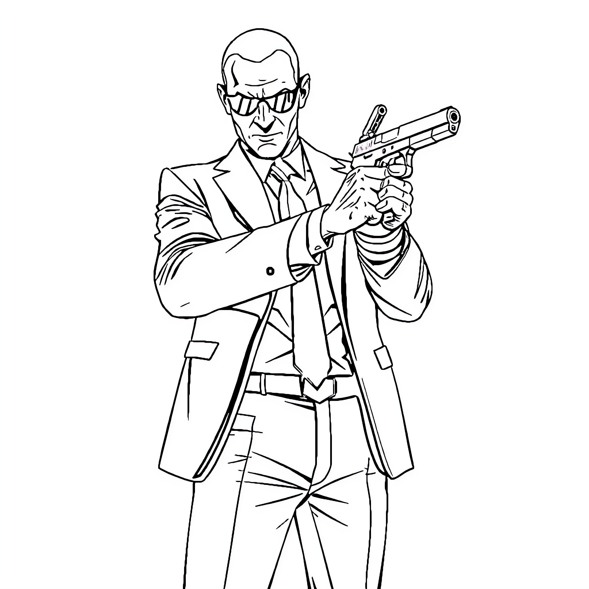 Agent 47 in Suit Wielding Firearm Coloring Page (free black-and-white line drawing printable PDF for all, from beginners to advanced learners, including children, teens, adults, and seniors)