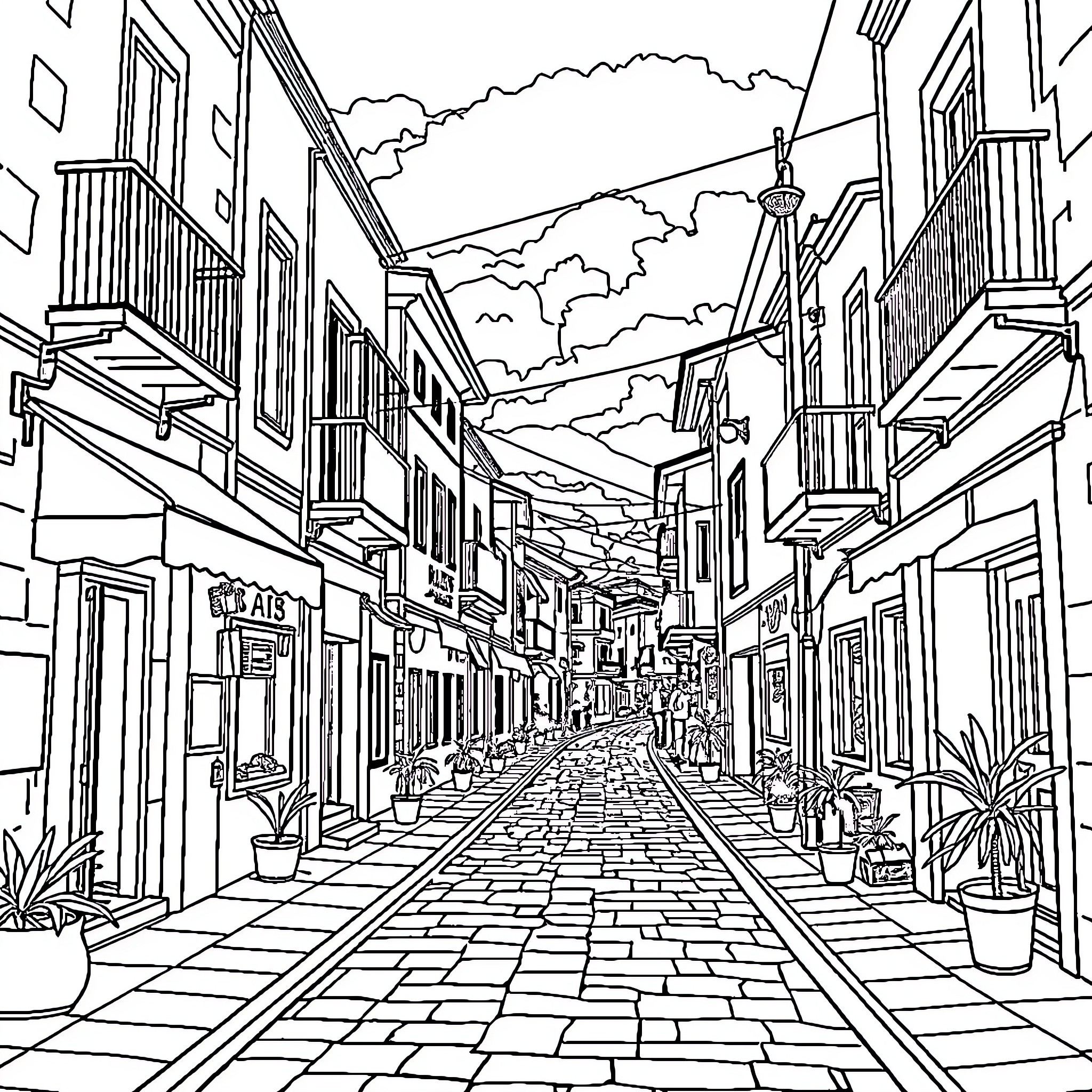 Bluey Explores a Vibrant City Street Coloring Page (free black-and-white line drawing printable PDF for all, from beginners to advanced learners, including children, teens, adults, and seniors)