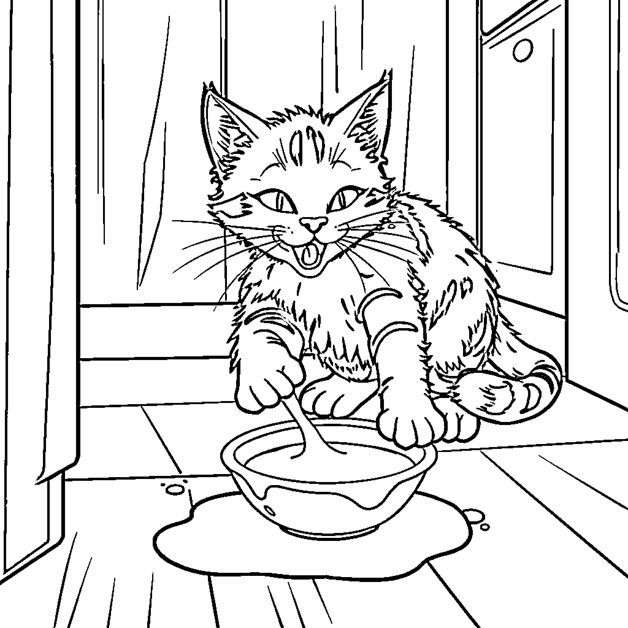 Cat Enjoying a Meal in the Home Coloring Page (free black-and-white line drawing printable PDF for all, from beginners to advanced learners, including children, teens, adults, and seniors)