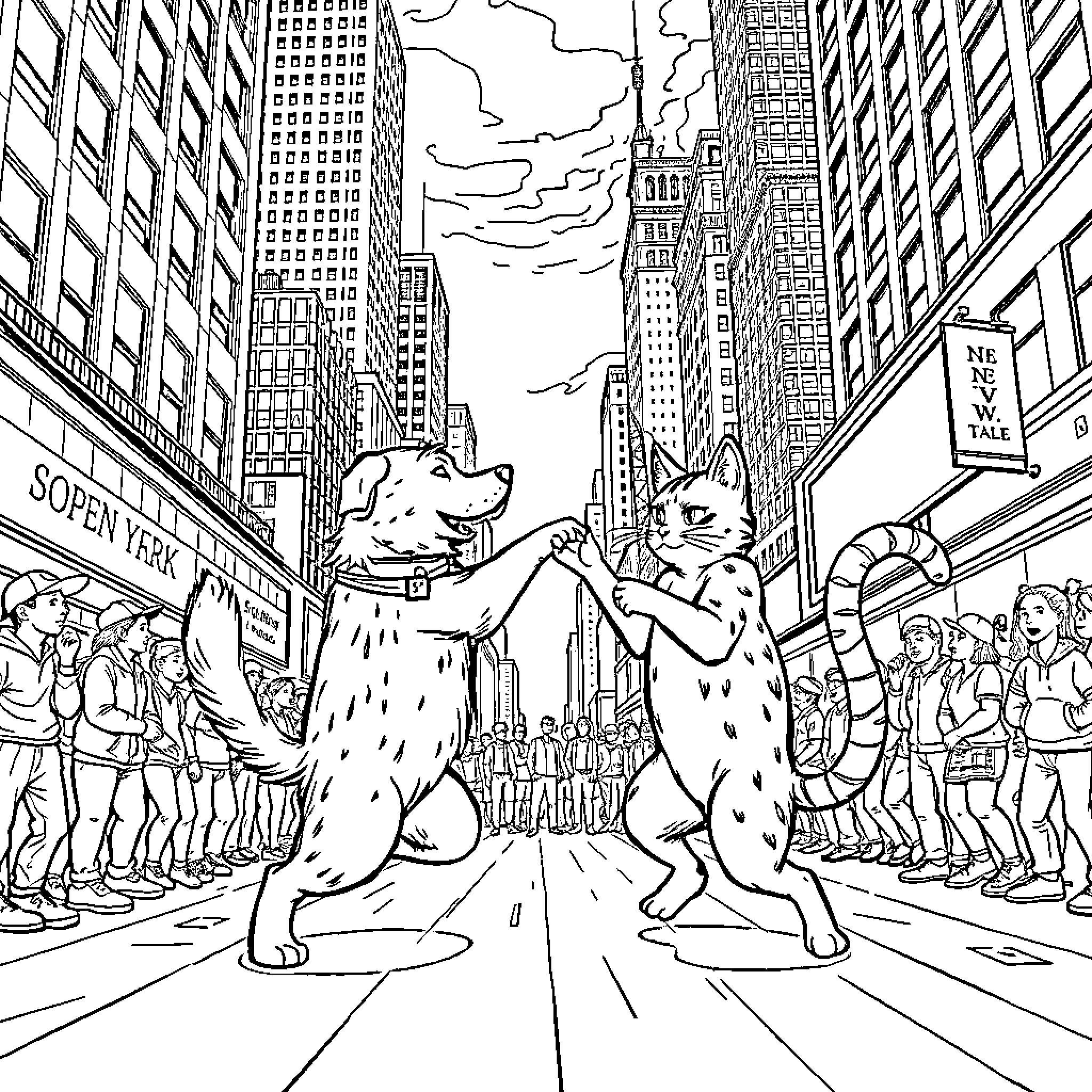 Dog performers entertaining crowds in a bustling city Coloring Page (free black-and-white line drawing printable PDF for all, from beginners to advanced learners, including children, teens, adults, and seniors)