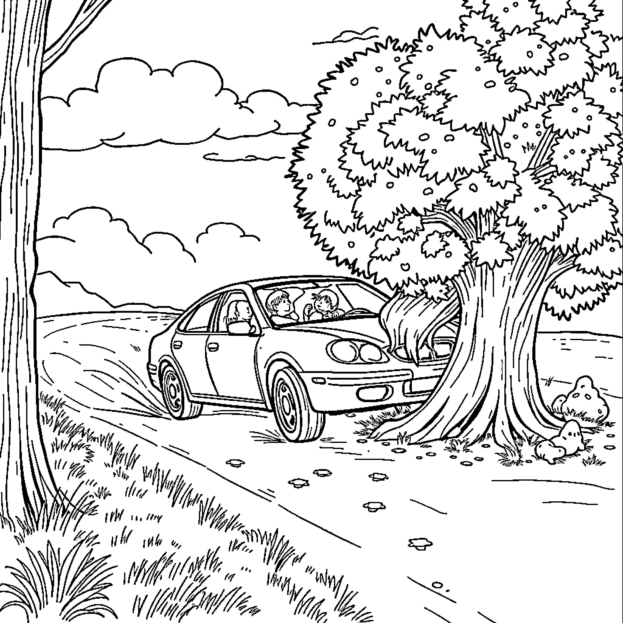 Car driving through a scenic forest landscape Coloring Page (free black-and-white line drawing printable PDF for all, from beginners to advanced learners, including children, teens, adults, and seniors)
