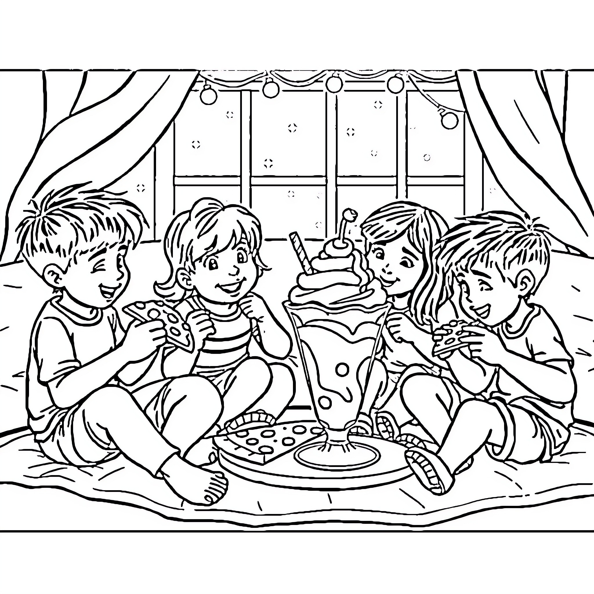 Kids having a fun party together Coloring Page (free black-and-white line drawing printable PDF for all, from beginners to advanced learners, including children, teens, adults, and seniors)