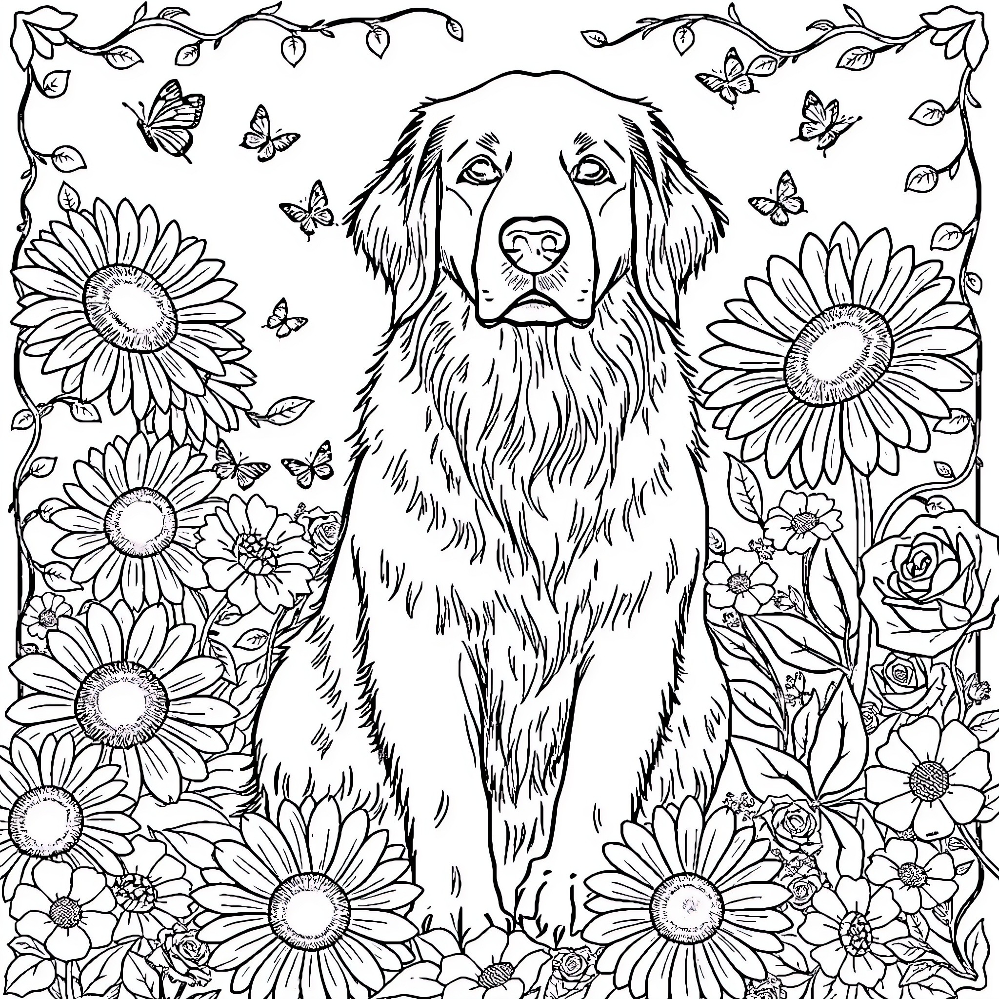 Golden Retriever among Floral Blossoms and Butterflies Coloring Page (free black-and-white line drawing printable PDF for all, from beginners to advanced learners, including children, teens, adults, and seniors)