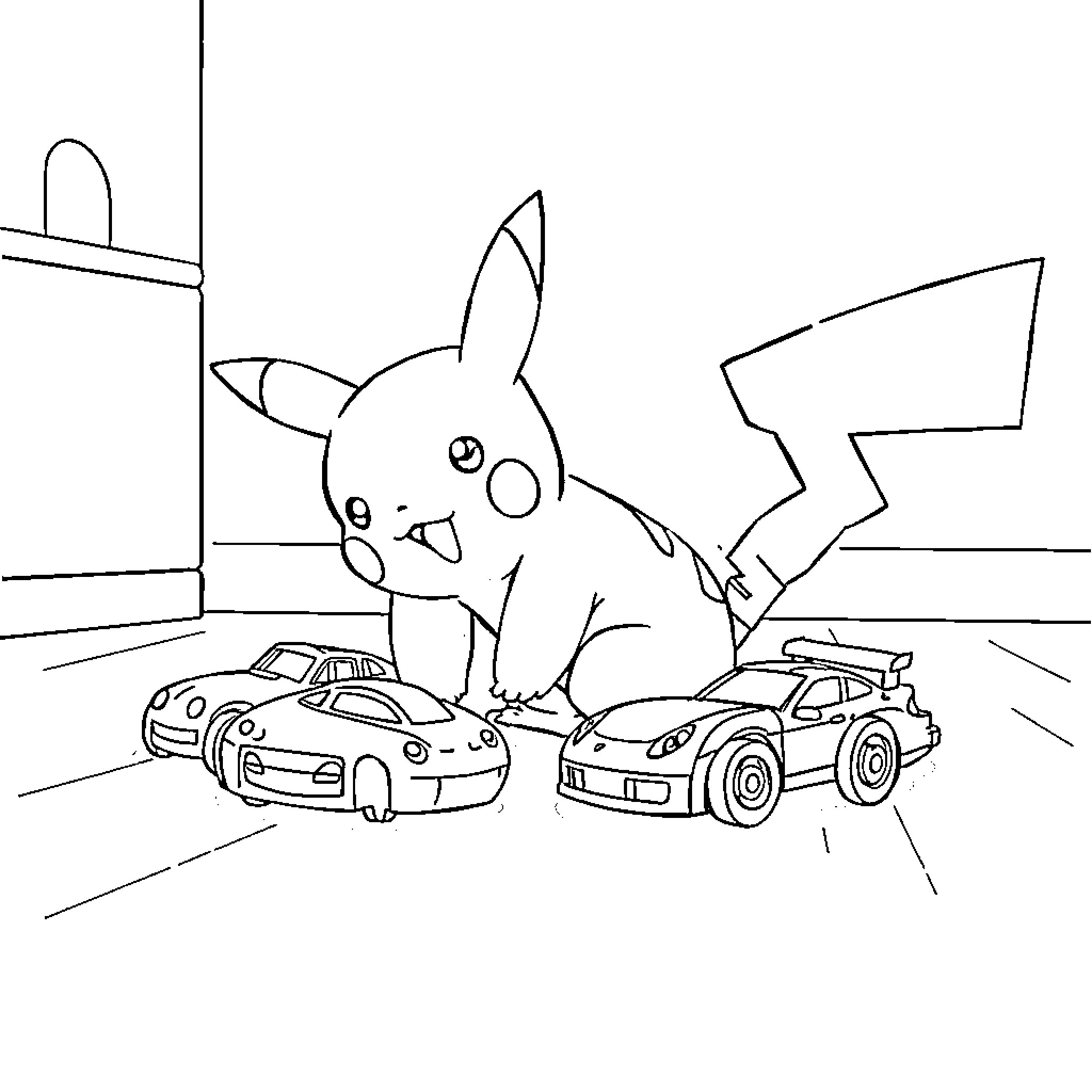 Pikachu playing with toy cars in the city Coloring Page (free black-and-white line drawing printable PDF for all, from beginners to advanced learners, including children, teens, adults, and seniors)