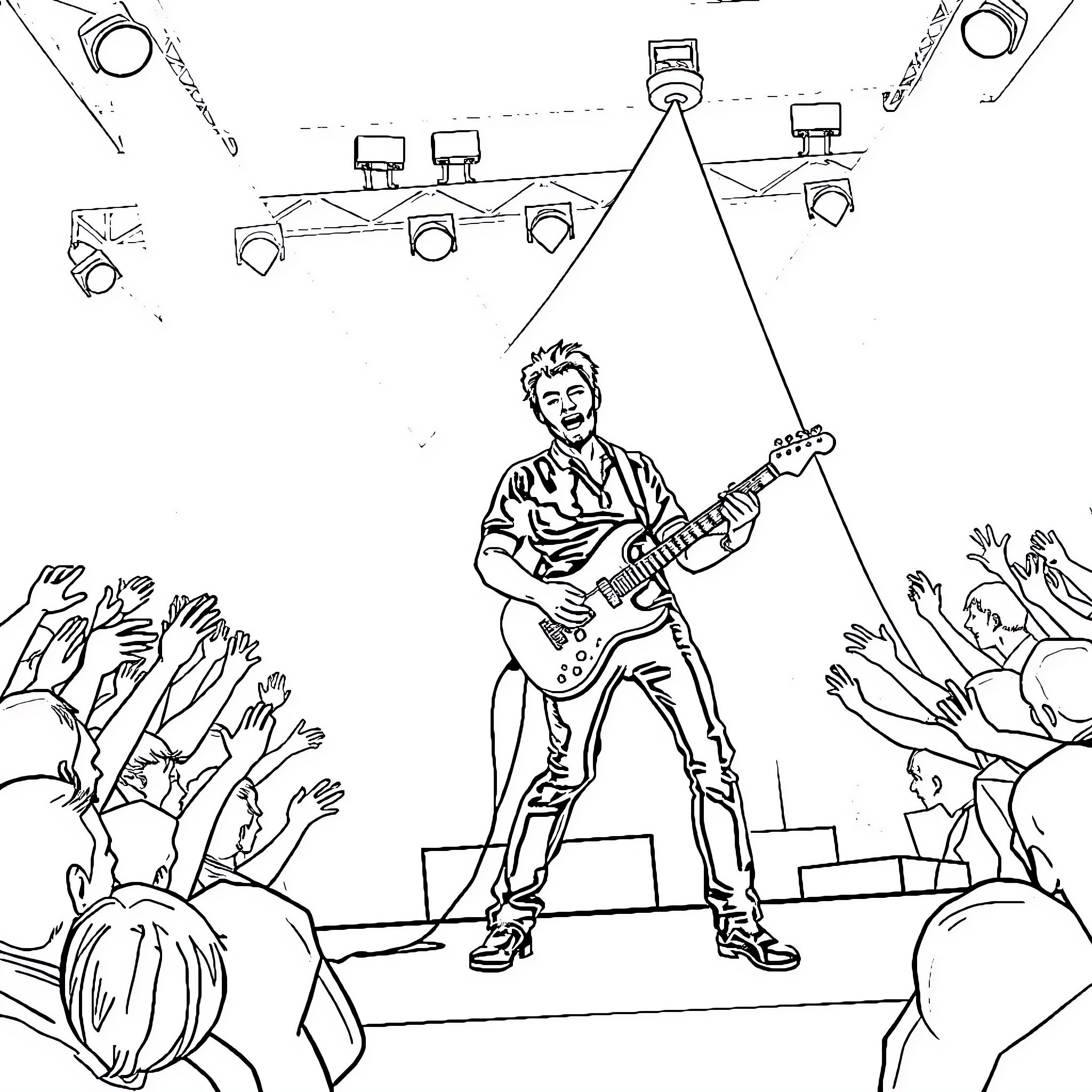 Adrian Kühn performing on stage with an energetic crowd Coloring Page (free black-and-white line drawing printable PDF for all, from beginners to advanced learners, including children, teens, adults, and seniors)